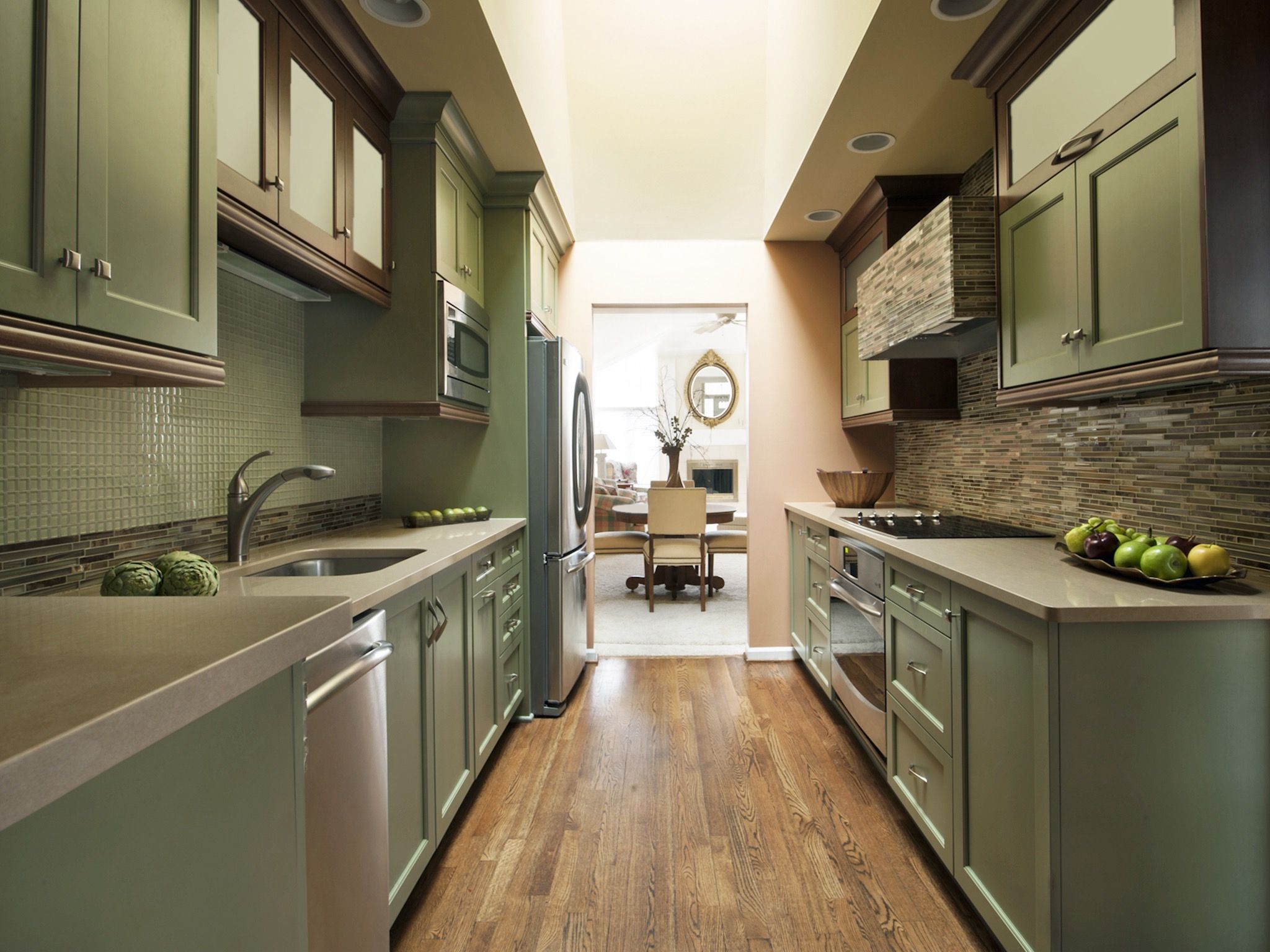 narrow kitchen and dining room
