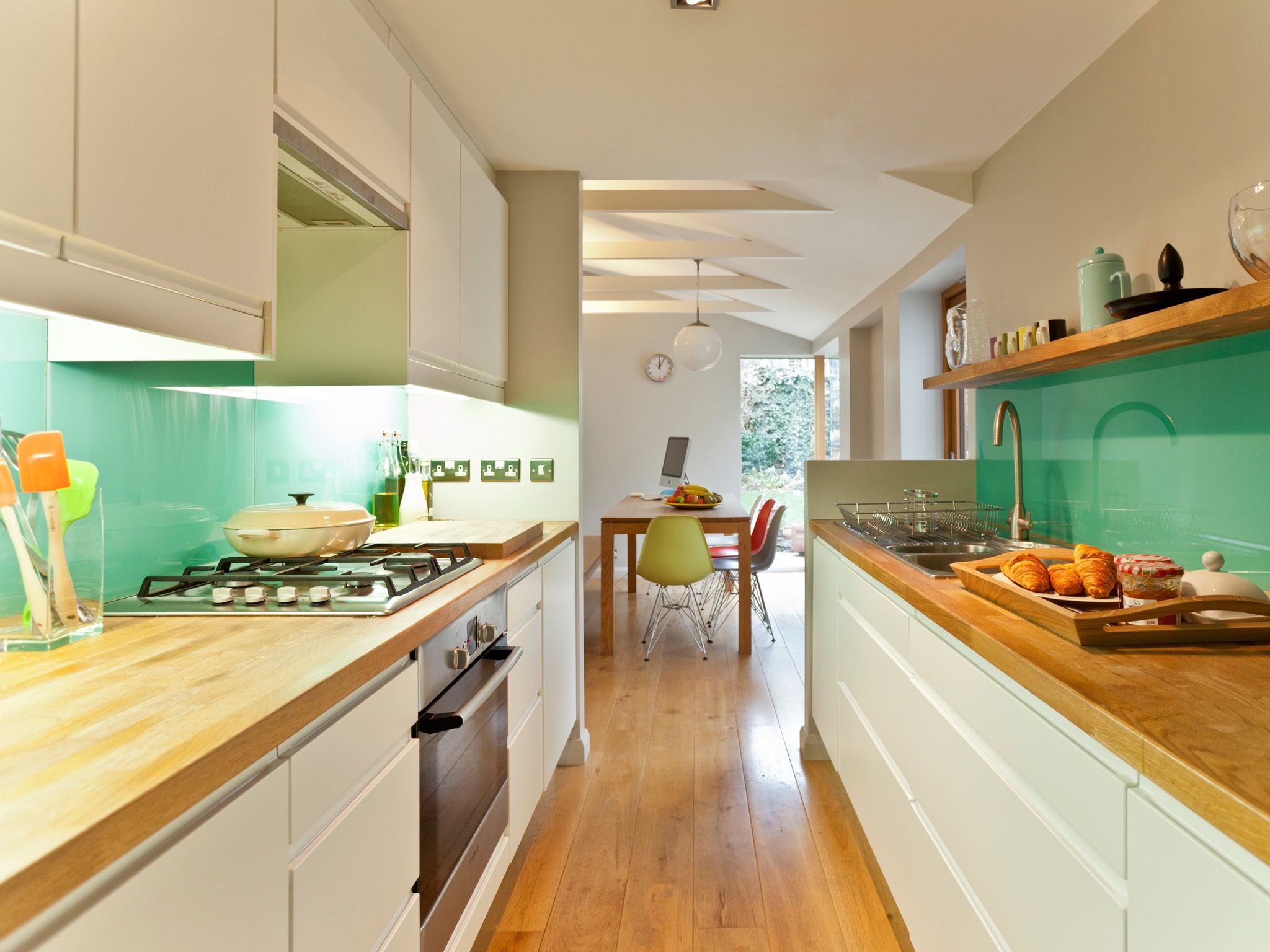 narrow kitchen and dining room