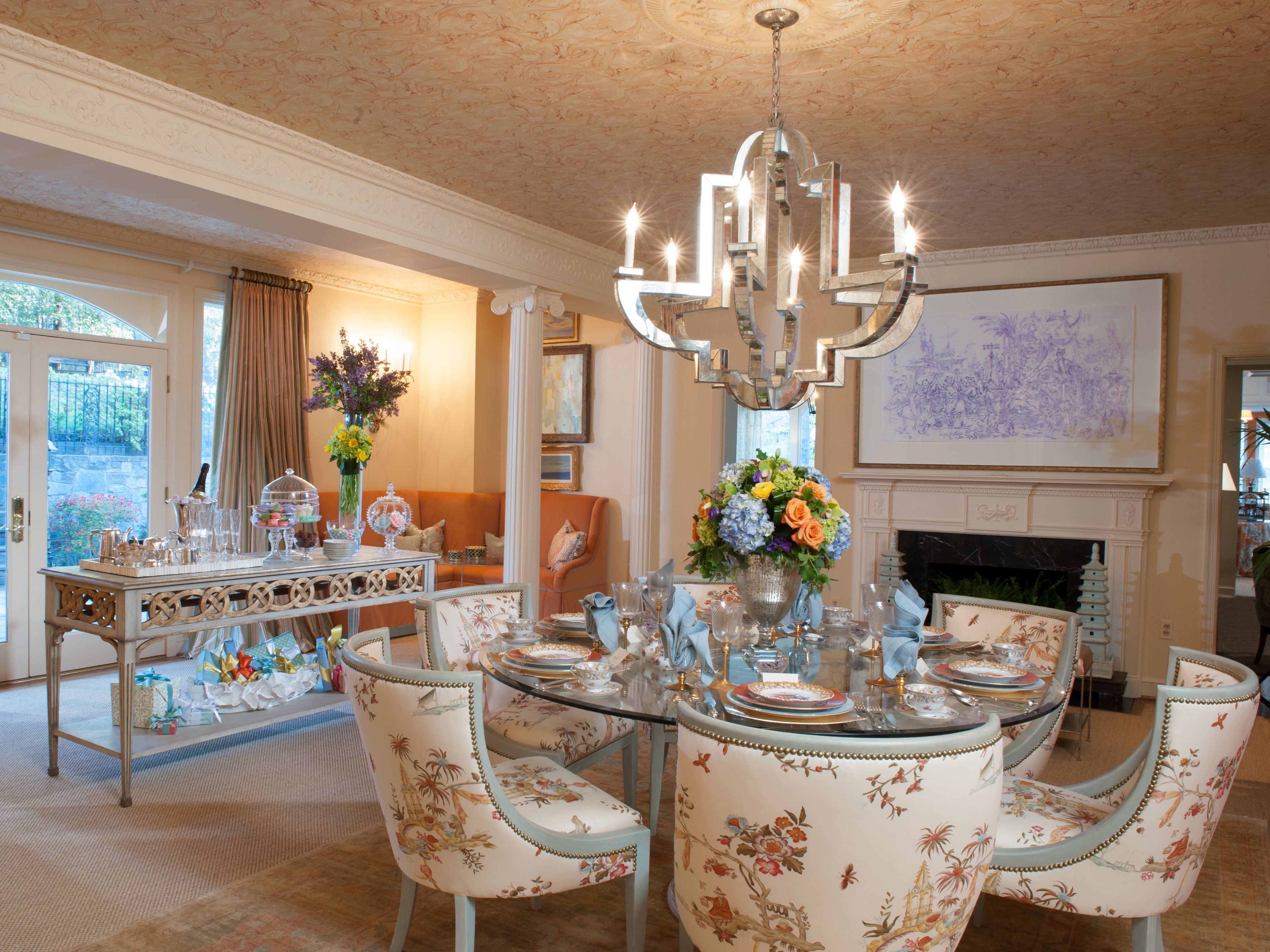 Multicolored Formal Dining Room With Fireplace And Modern Metal Chandelier (View 28 of 30)