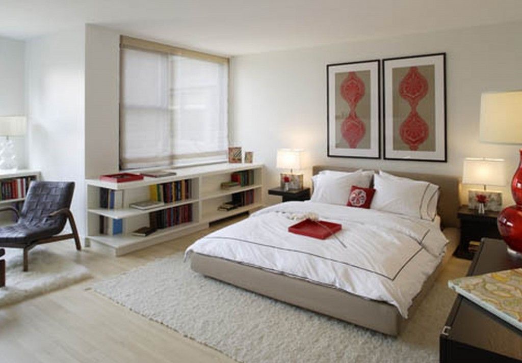 White Bedroom Wall As Modern Home Decorations With Twin Picture Above Low Headboard Between Amusing Table Lamps Near Bookshelves Under Slide Window Model (Photo 1141 of 35622)