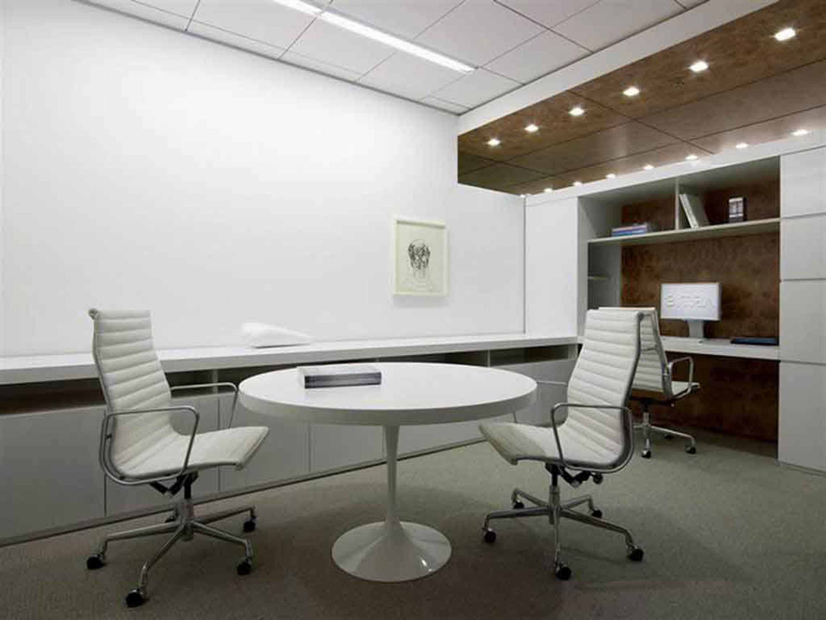 Admirable Modern Office Furniture Design Idea With Round White Table White Chairs And White Open Shelves Alluring Modern Office Furniture Design Ideas (View 20 of 30)