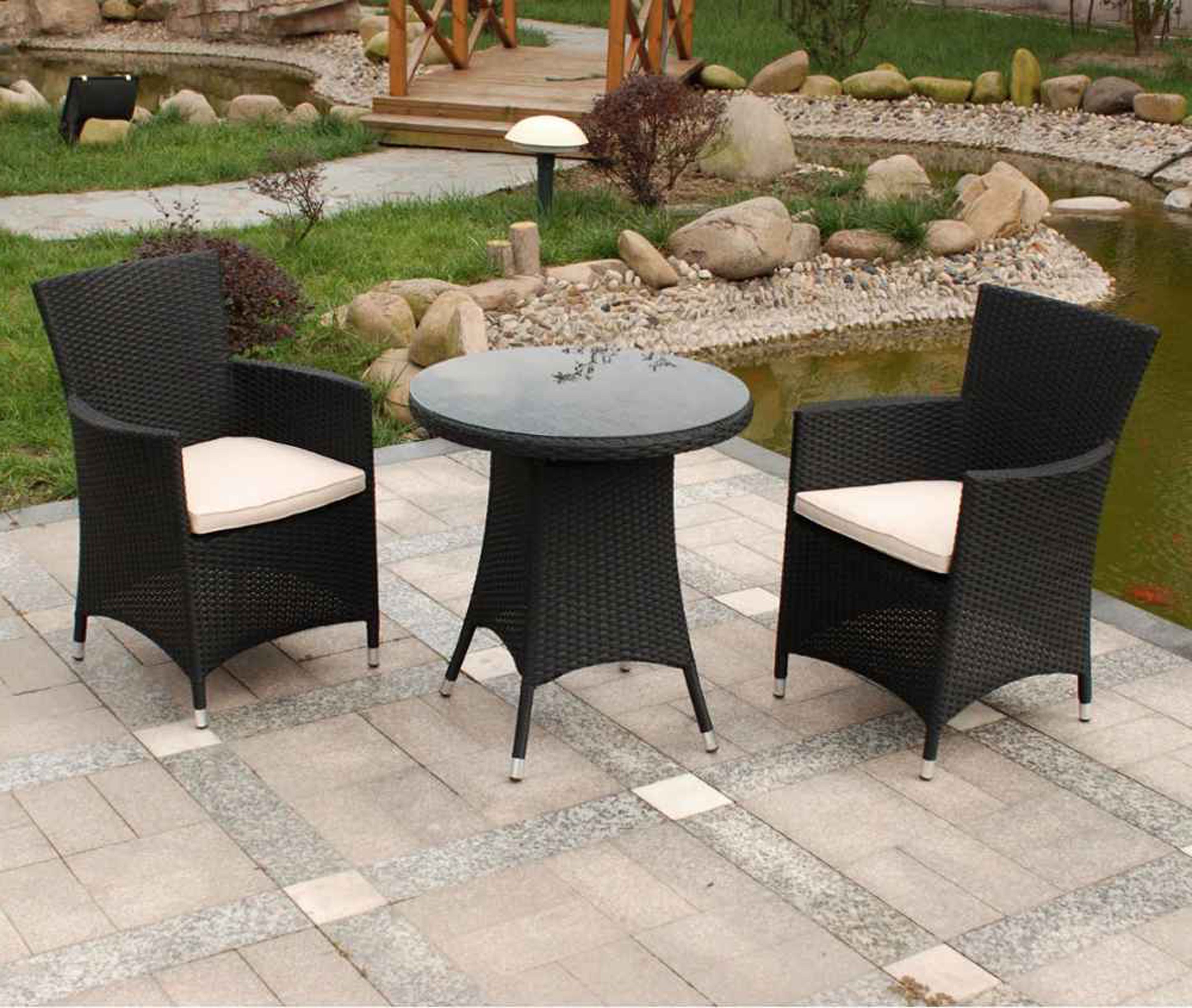 Amazing Outdoor Modern Wicker Idea With Black Wicker Armchairs With White Seat Cushions And Round Black Coffee Table With Wicker Base Amazing Outdoor Modern Wicker Furniture (View 28 of 28)
