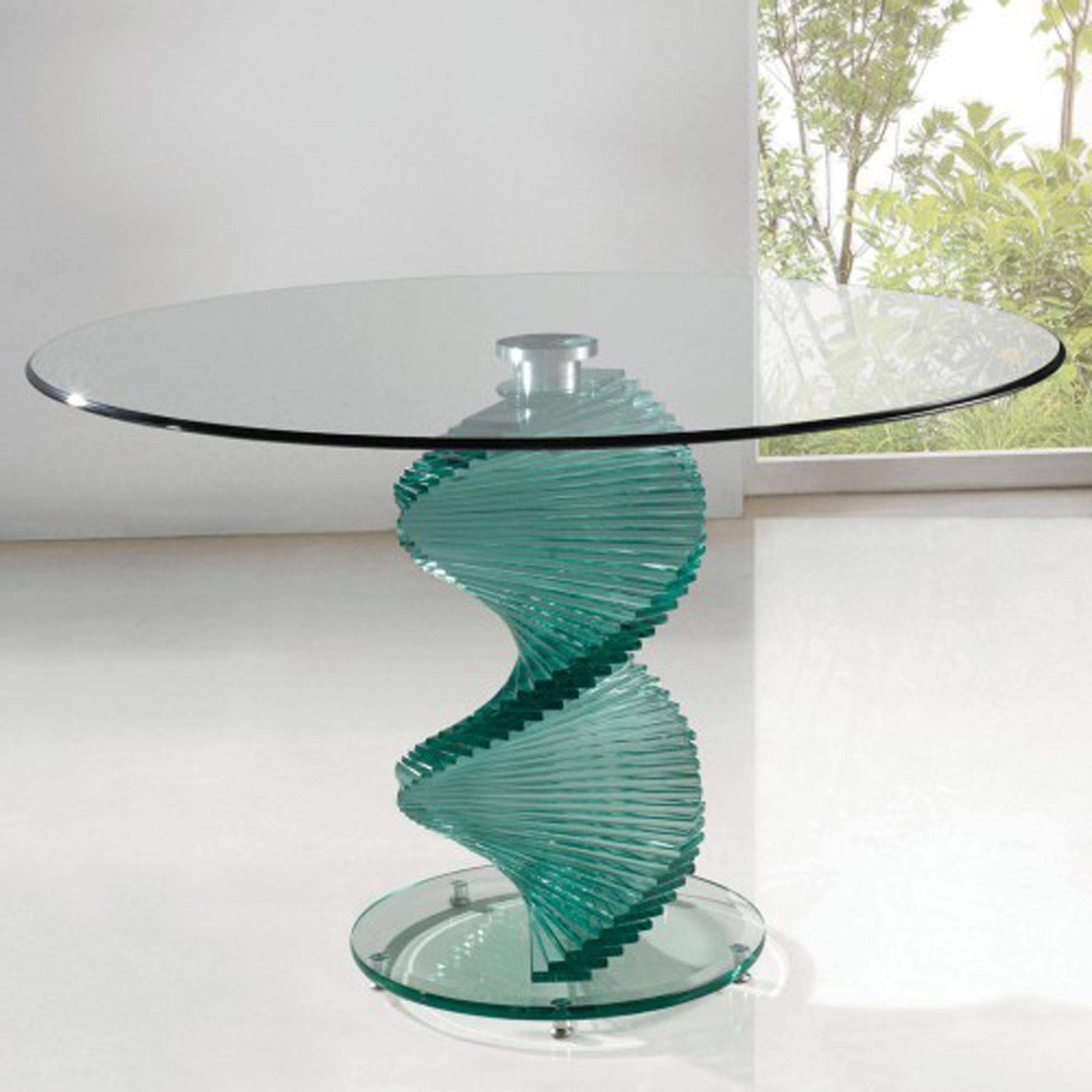 Dining Room Furniture Sets Of Modern Round Top Glass For Dining Table Set With Unique Green Glass Spiral Table Leg Ideas (Photo 24 of 28)