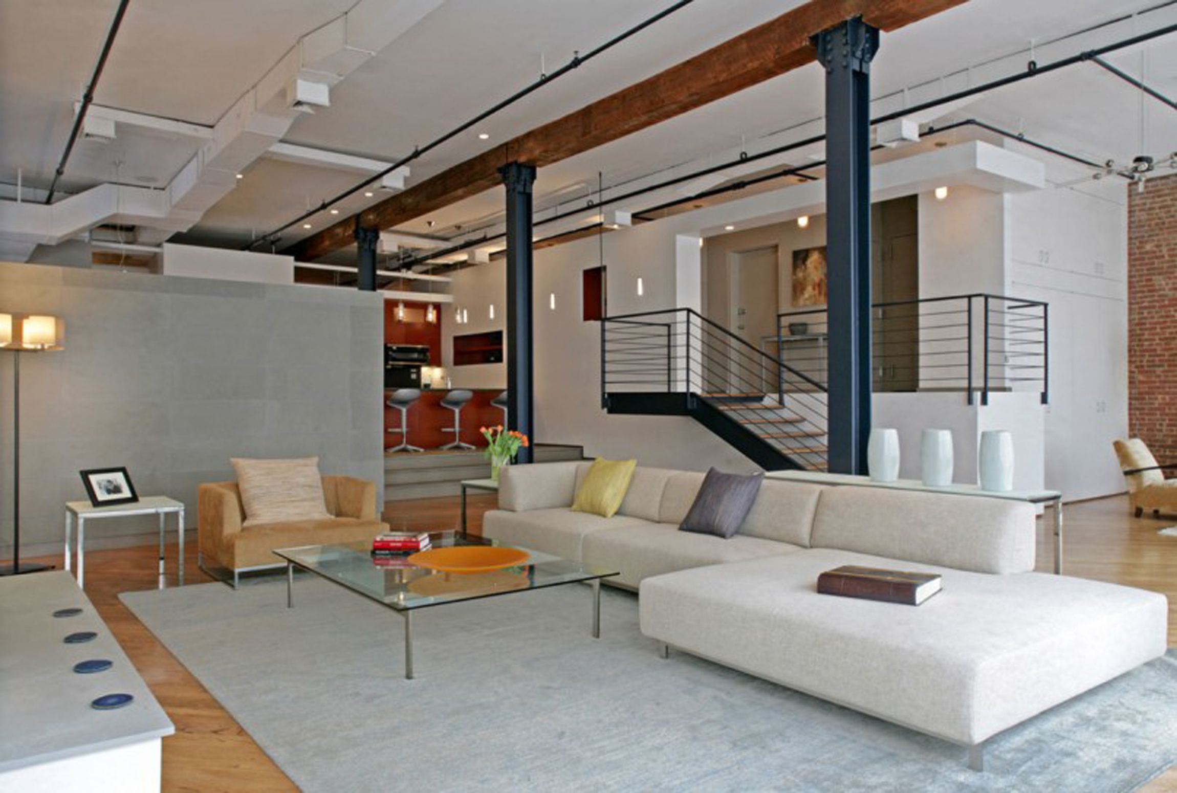 Luxurious Apartments Decoration With High Ceiling And White Sofa Also With Wooden Step Staircase Modern Apartments In New York City (Photo 43 of 123)