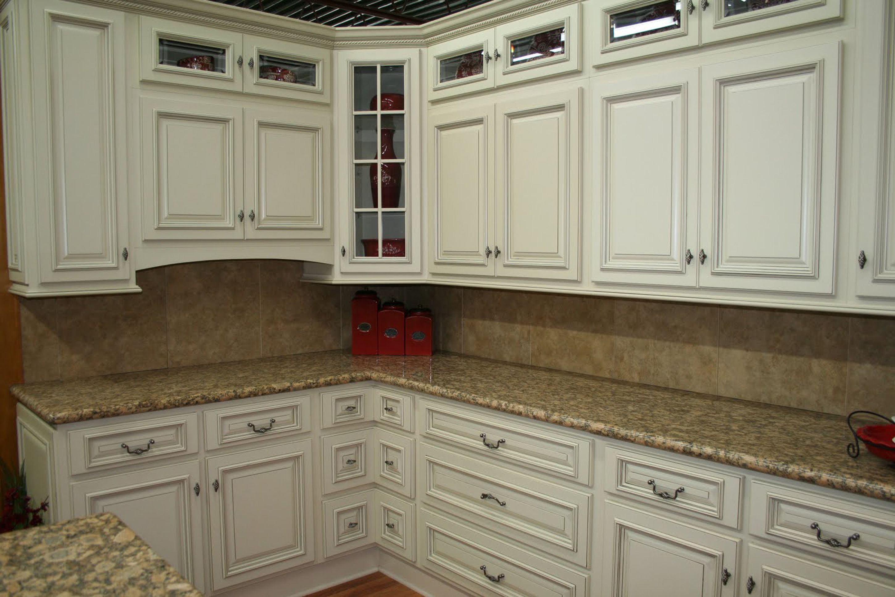 Luxury Classic White Kitchen Cabinet Design With Brown Countertop And Brown Back Plash Exciting White Kitchen Cabinet Designs (View 40 of 123)