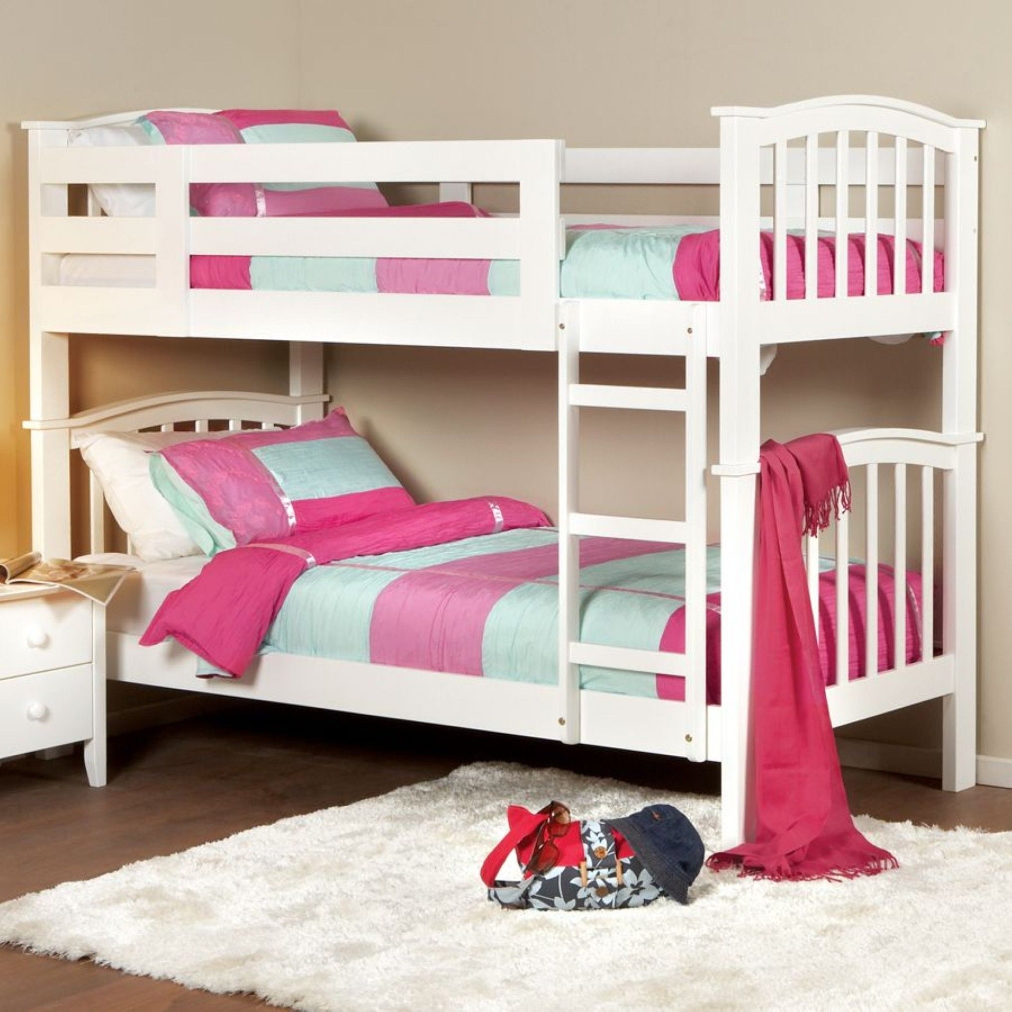Luxury Interior Kids Bedroom With Cool White Twin Bunk Bed Idea Plus Colorful Bedding Set And Comfy Thick Fur Rug (View 88 of 123)
