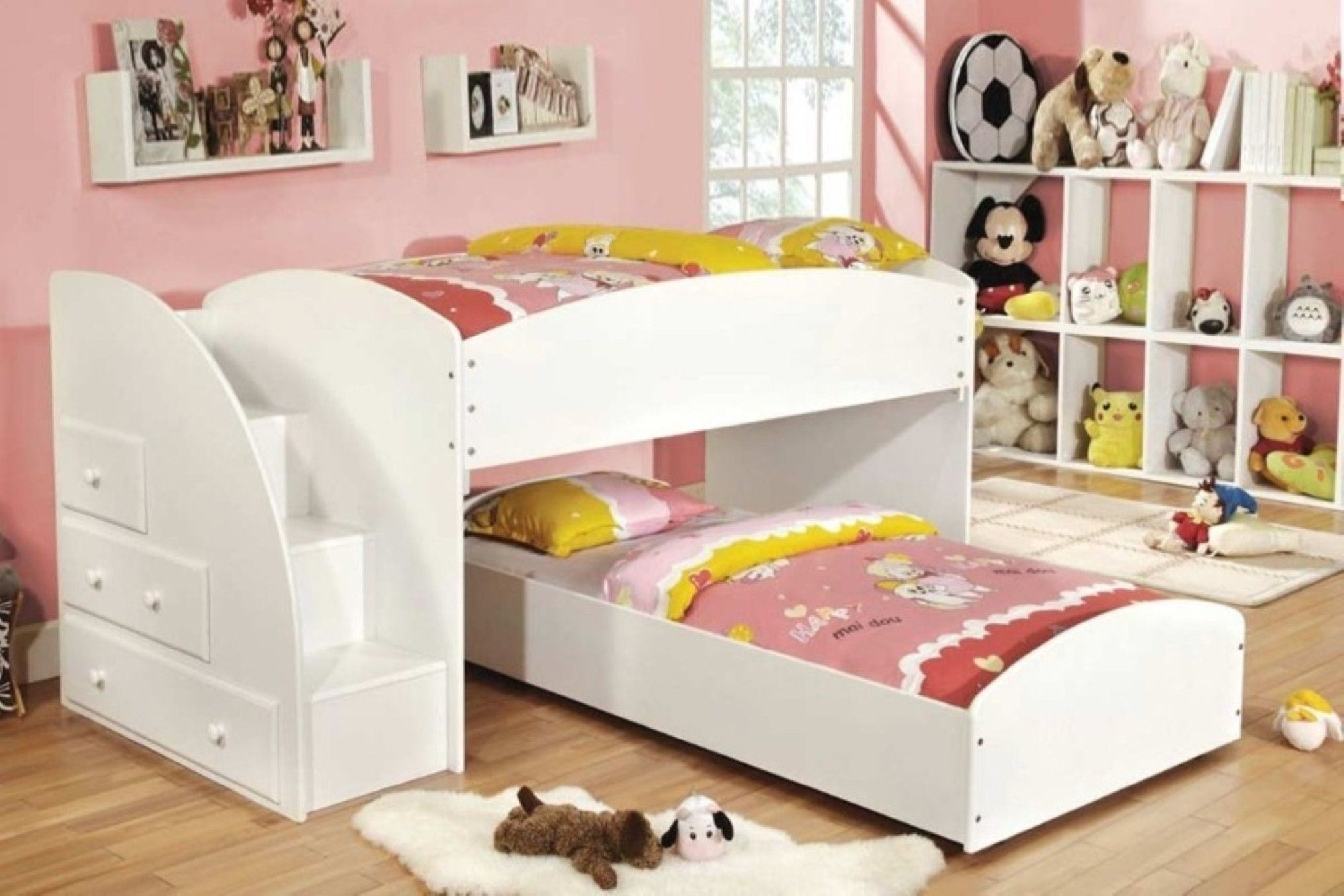 Luxury Interior Kids Girl Room Idea Focus On Stylish Bunk Bed With Stairs Design And Floating Bookshelf Plus Light Wood Floor (View 89 of 123)