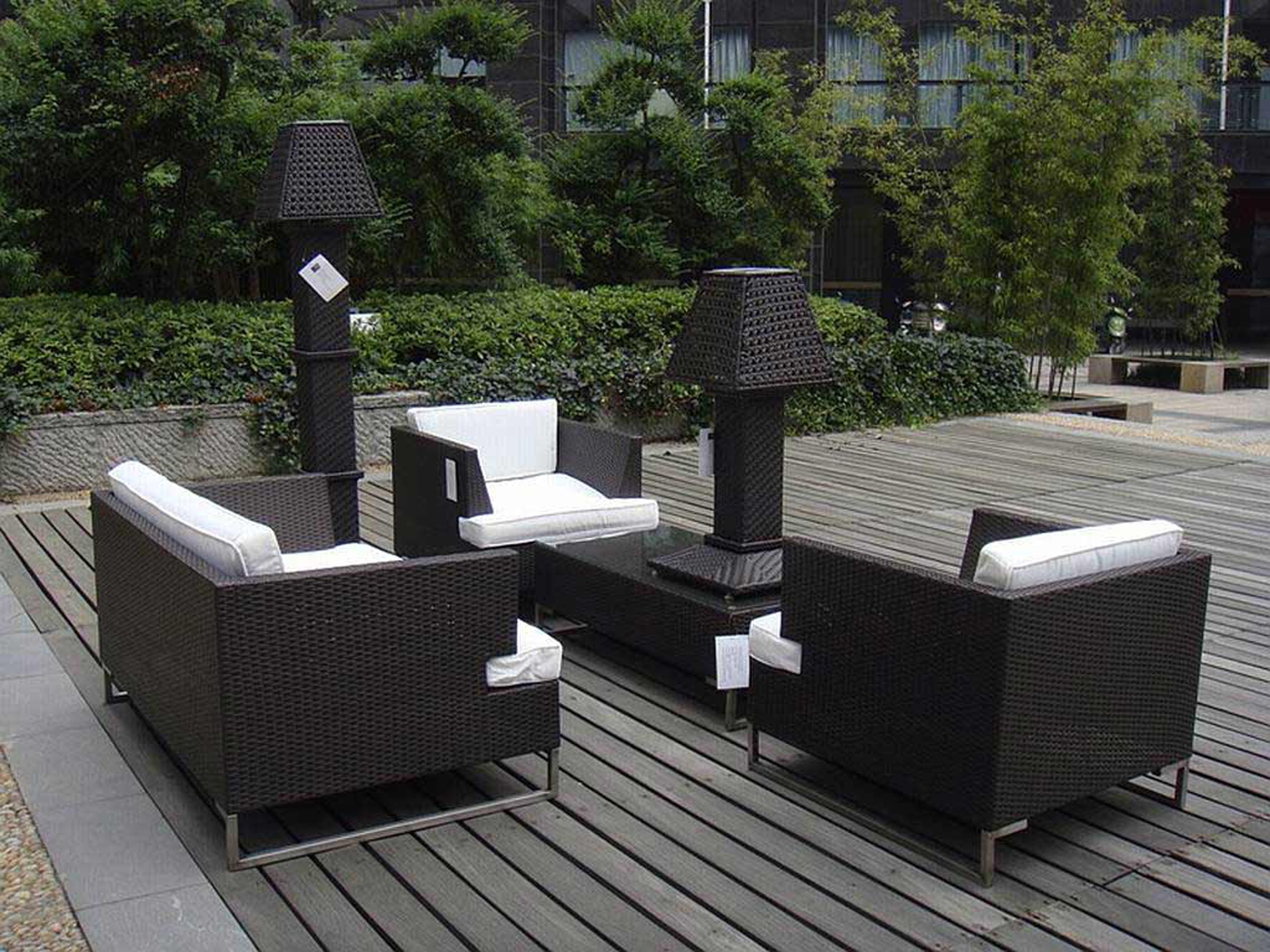 Luxury Modern Outdoor Design Idea With Black Wicker Sofas With White Seat Cushions And Black Coffee Table With Black Desk Lamp Affordable Modern Outdoor Design Ideas (View 114 of 123)