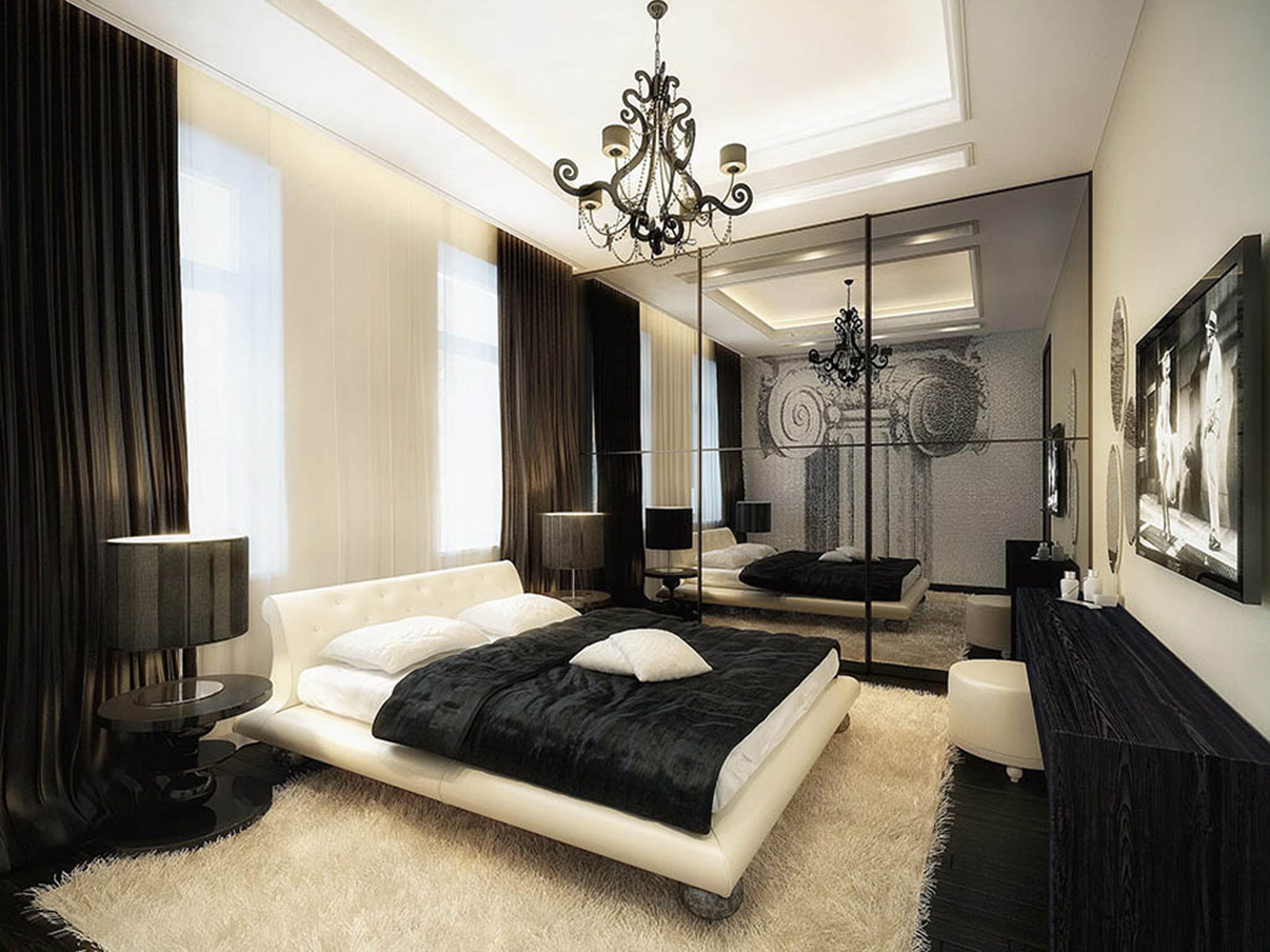 Romantic Apartment Idea With White Bed With Lack Blanket Black Chandelier White Wall And Black Curtains Cozy Apartment Ideas (View 10 of 39)