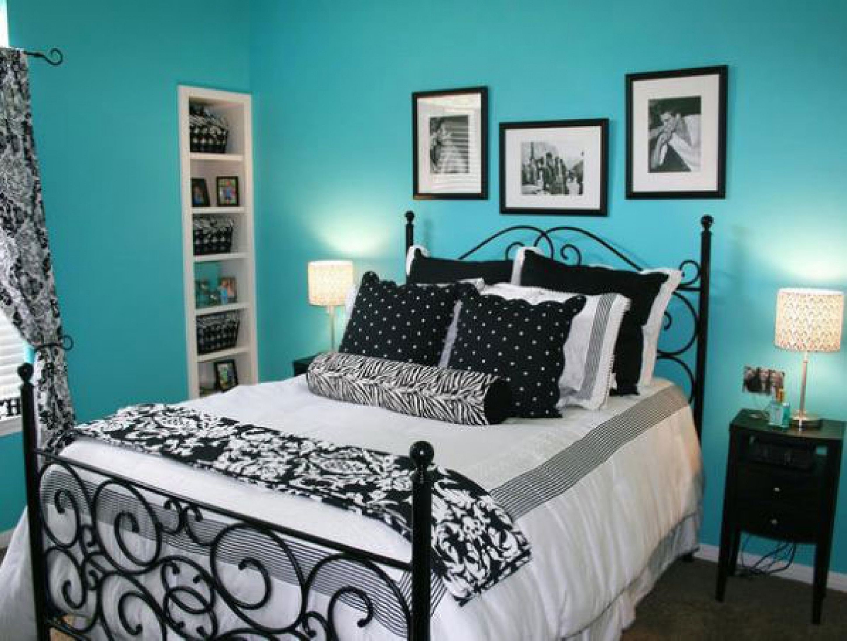 Romantic Blue Colour Bedroom Idea With Light Blue Wall White Bed With Black Pillows And White Desk Lamp Interesting Blue Colour Bedroom Ideas (View 12 of 39)
