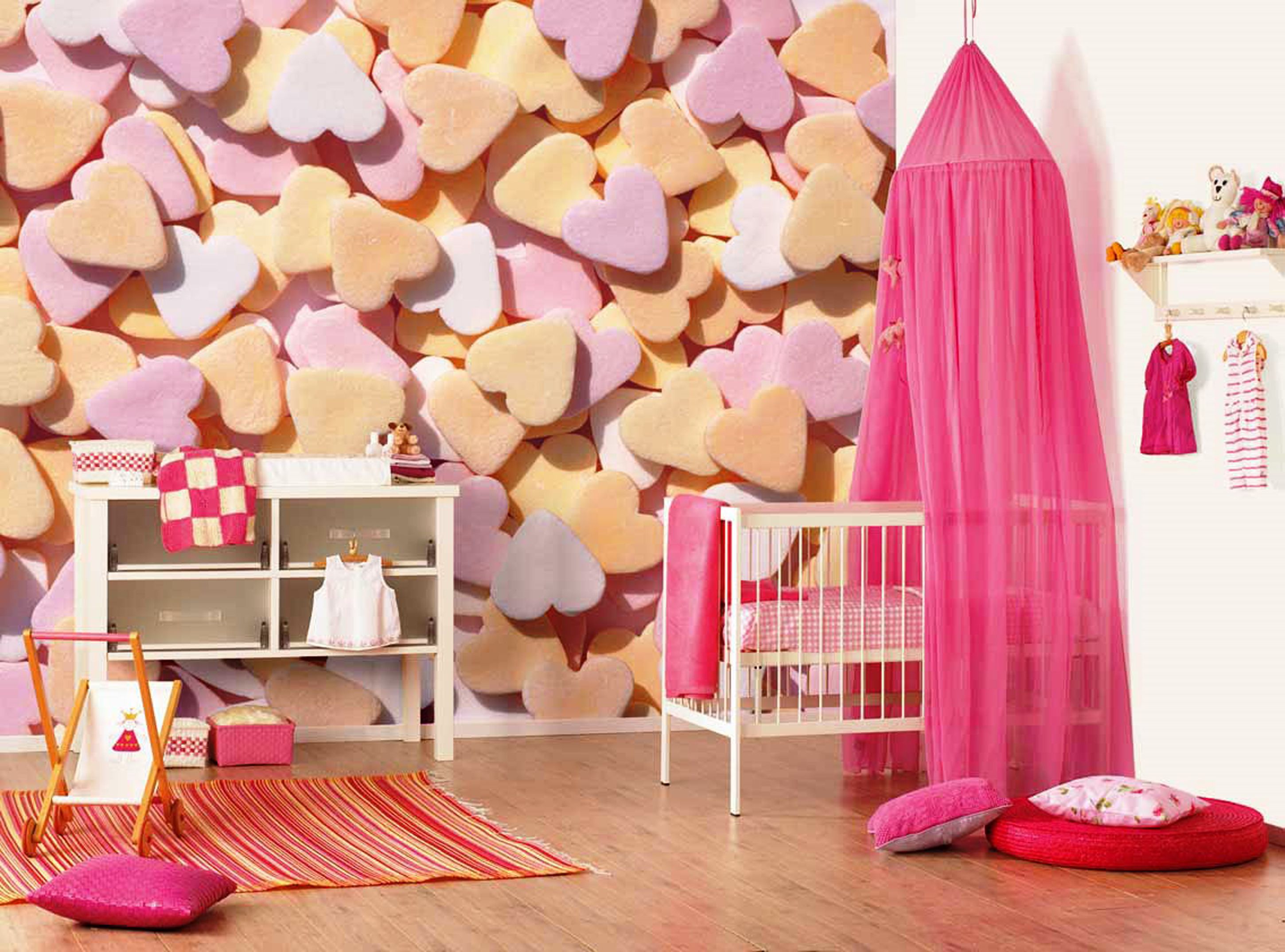 Romantic Girls Design With White Crib With Fuchsia Curtain And Colourful Heart Wallpaper And Also White Drawer Chest With Transparent Drawers Cool Design Bedroom Ideas For Girls Bedrooms (View 17 of 39)