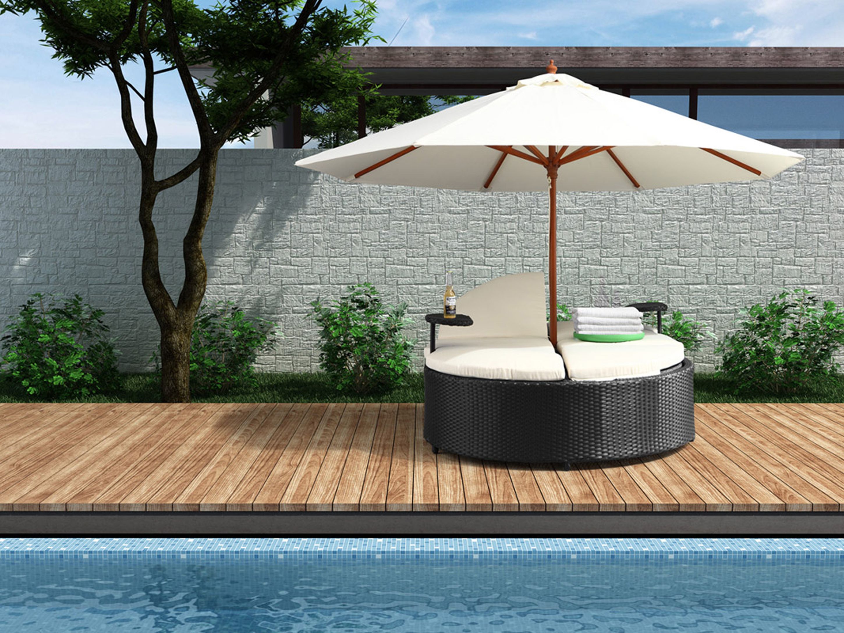 Romantic Zuo Modern Outdoor Design Idea With Round Black Lounge Chair With White Seat Cushion And White Umbrella Interesting Zuo Modern Outdoor Design Ideas (View 8 of 39)