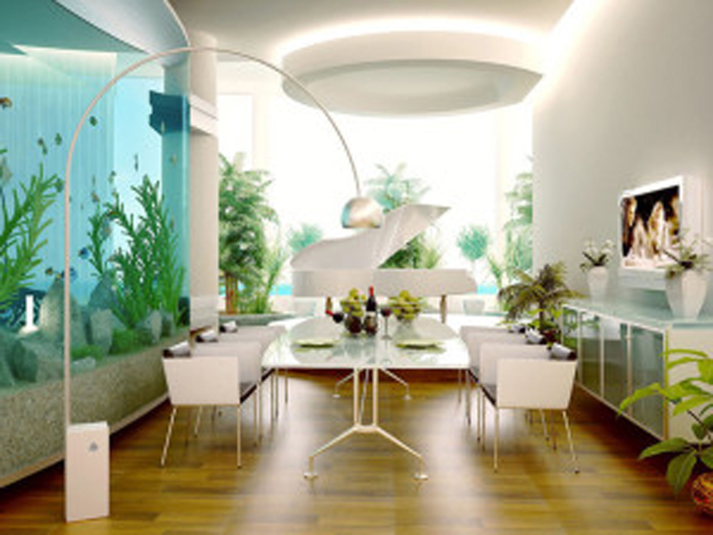Stylish Dining Room Decoration With Aquarium And Wooden Floor And White Floor Lamps And White Dining Room Sets Modern Dining Room Decoration Ideas Modern Dining Room (View 15 of 28)