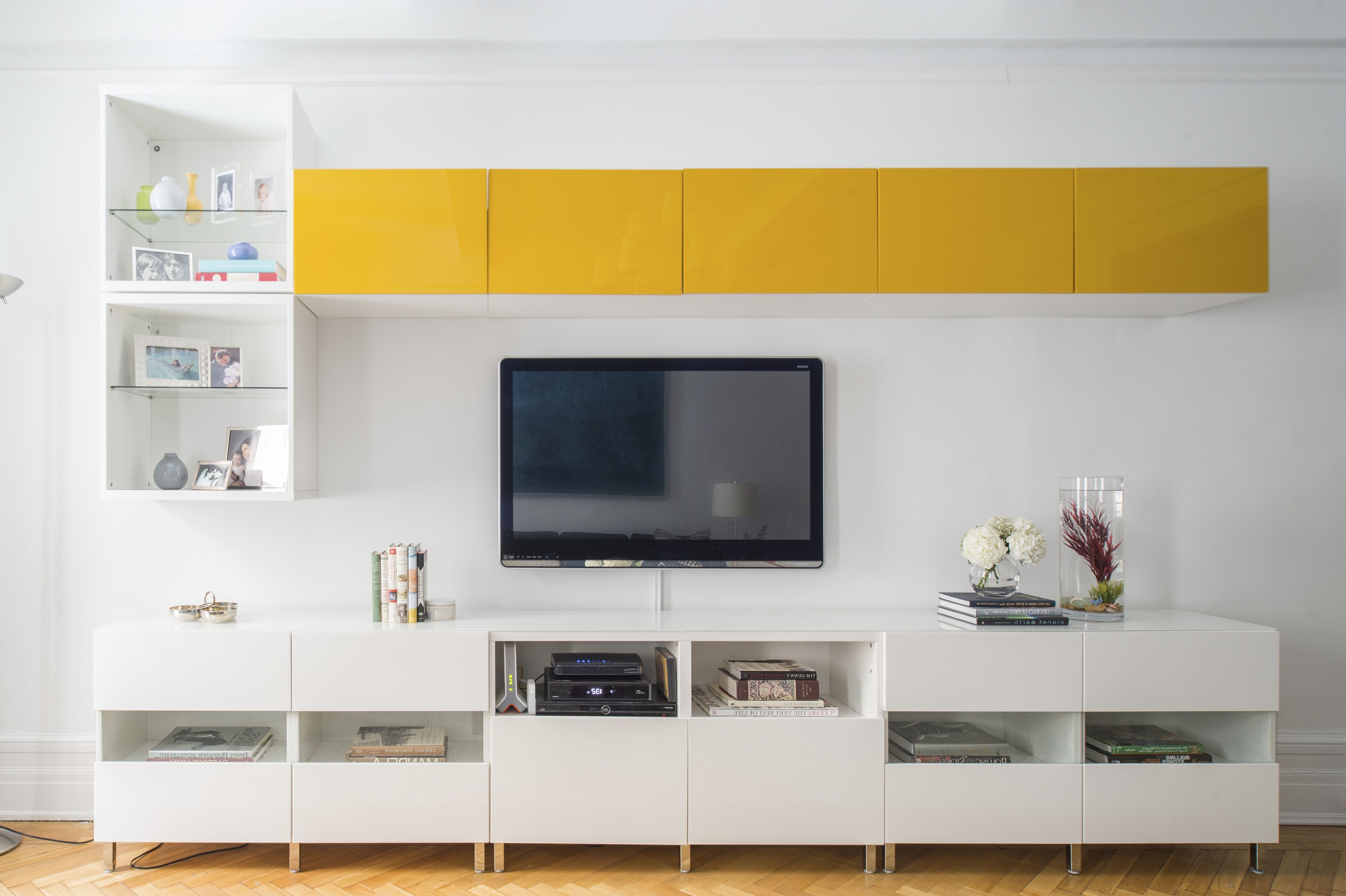 2017 Cozy Minimalist Flat Panel TV Showcase In White And Yellow Color (View 5 of 16)