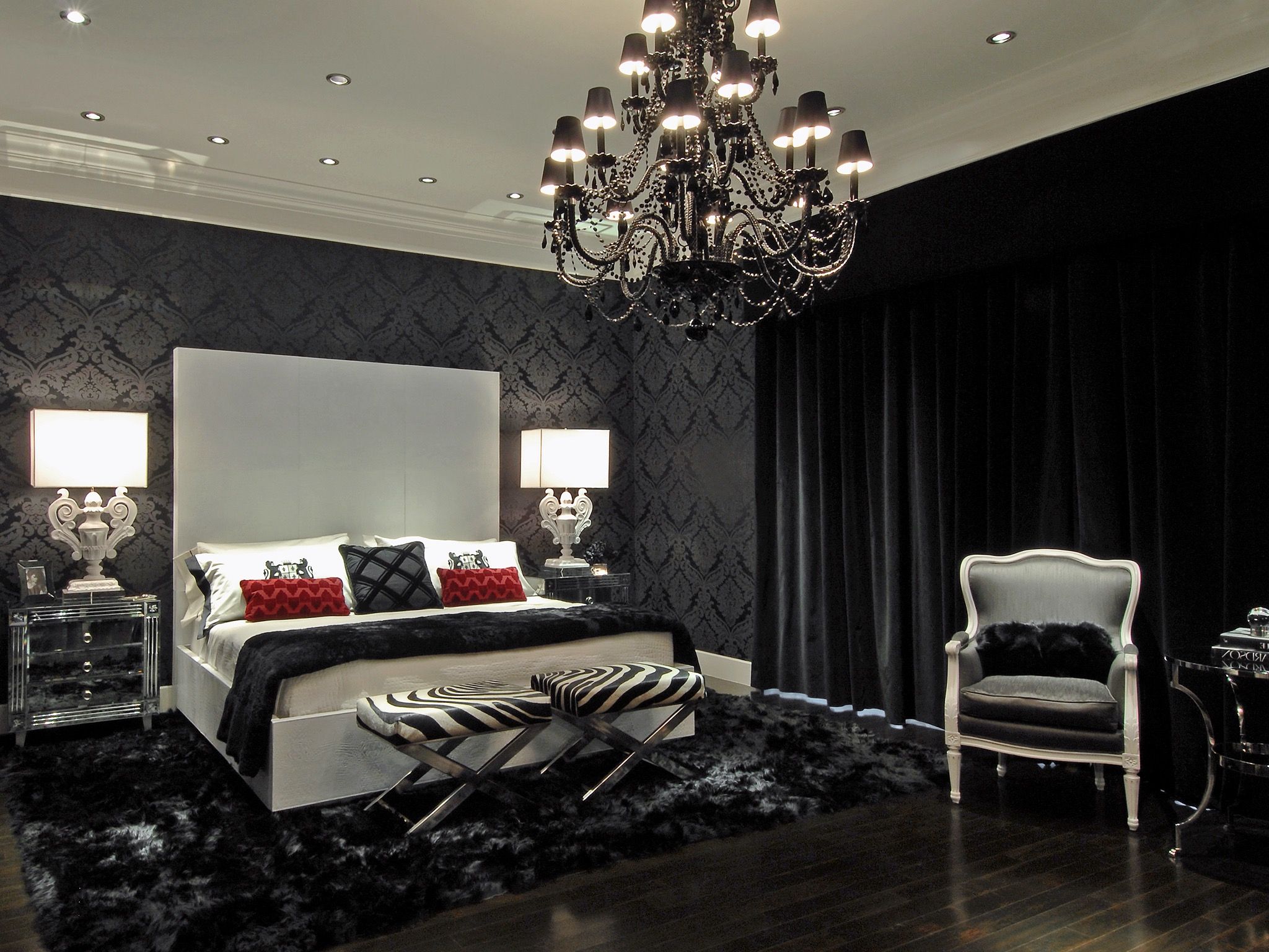 Black Gothic Bedroom With Damask Wallpaper And Black Chandelier (View 4 of 11)