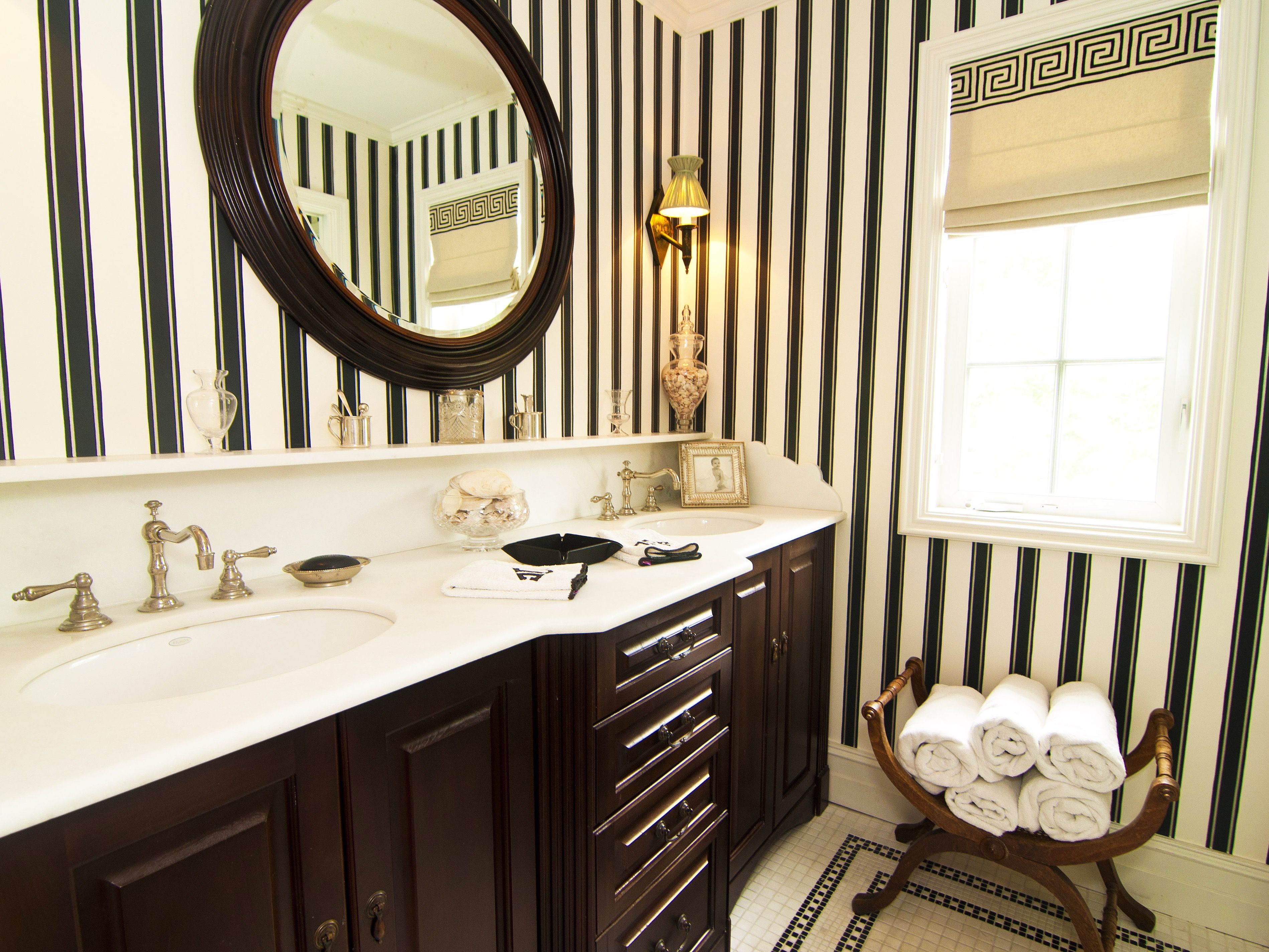 Black And White Striped Bathroom With Dark Brown Accents (View 14 of 14)