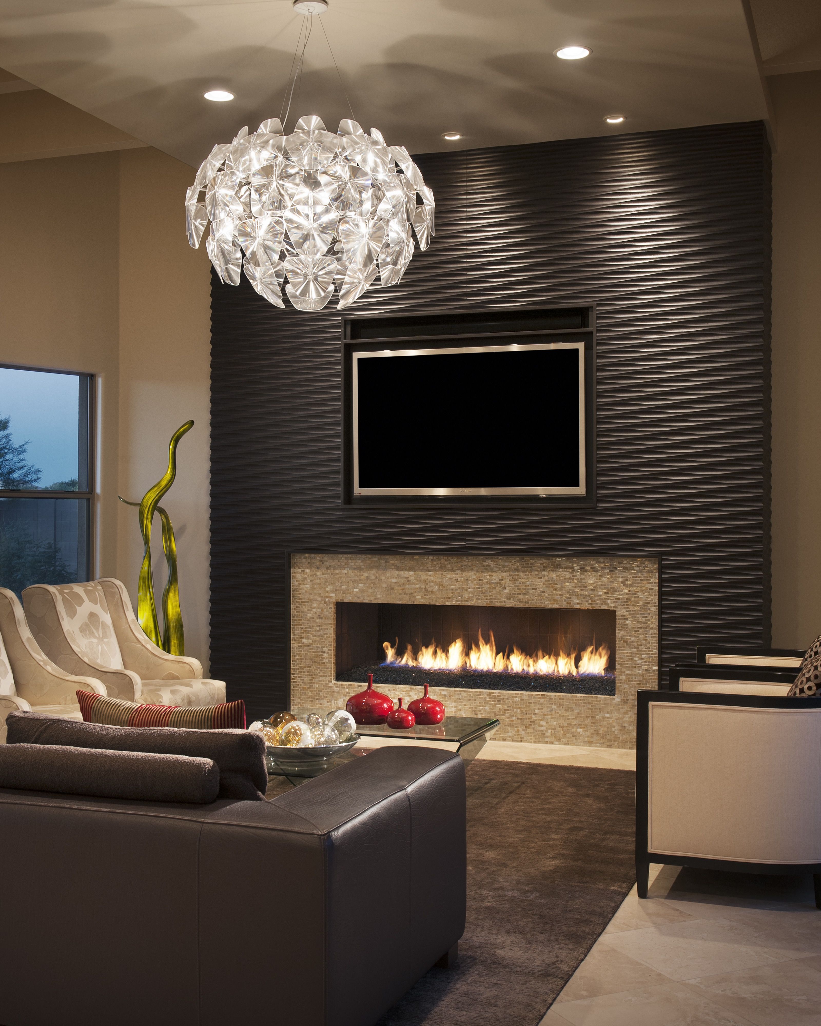 Glamour Living Room With Wood Clad Accent Wall And Modern Chandelier (View 2 of 18)
