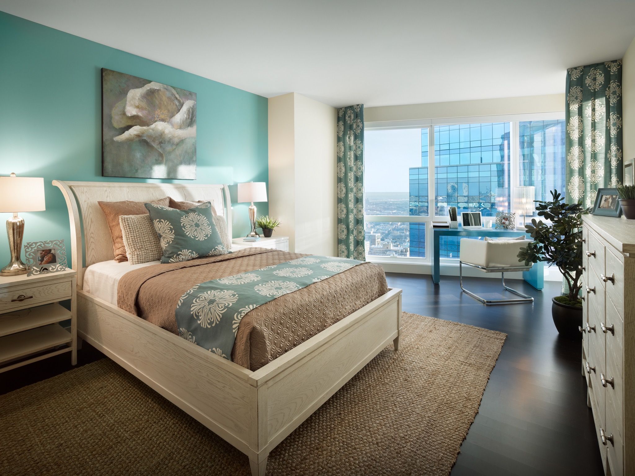 Neutral Apartment Bedroom With Aqua Accent Wall (View 24 of 28)