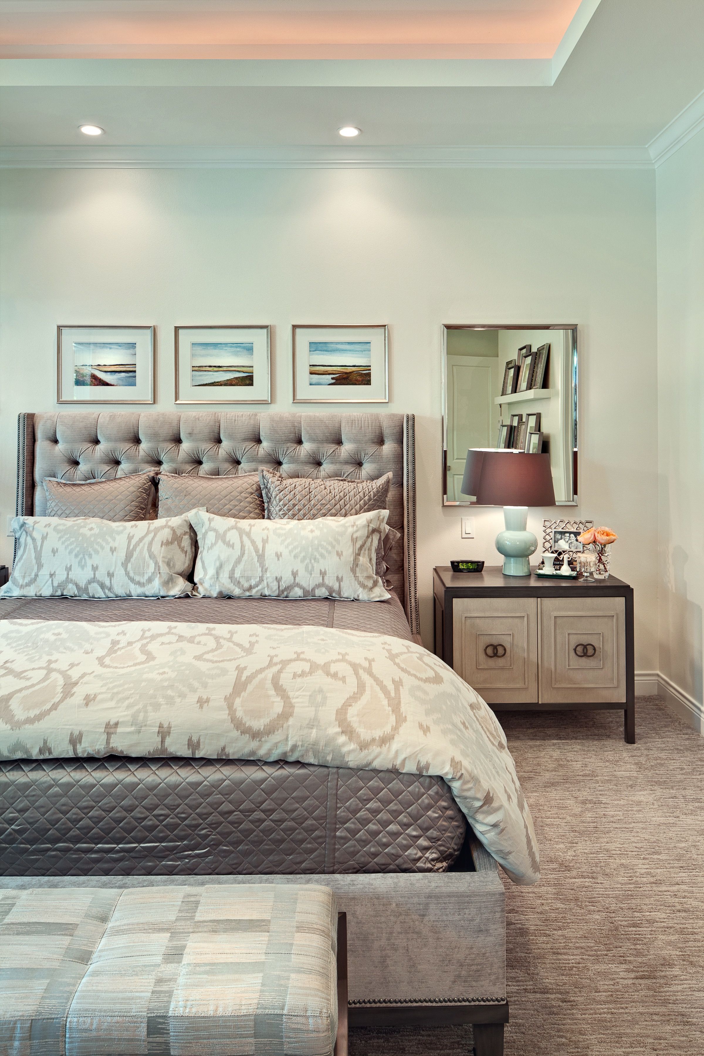 Traditional Bedroom With Tufted Headboard And Illuminated Tray Ceiling (View 31 of 32)