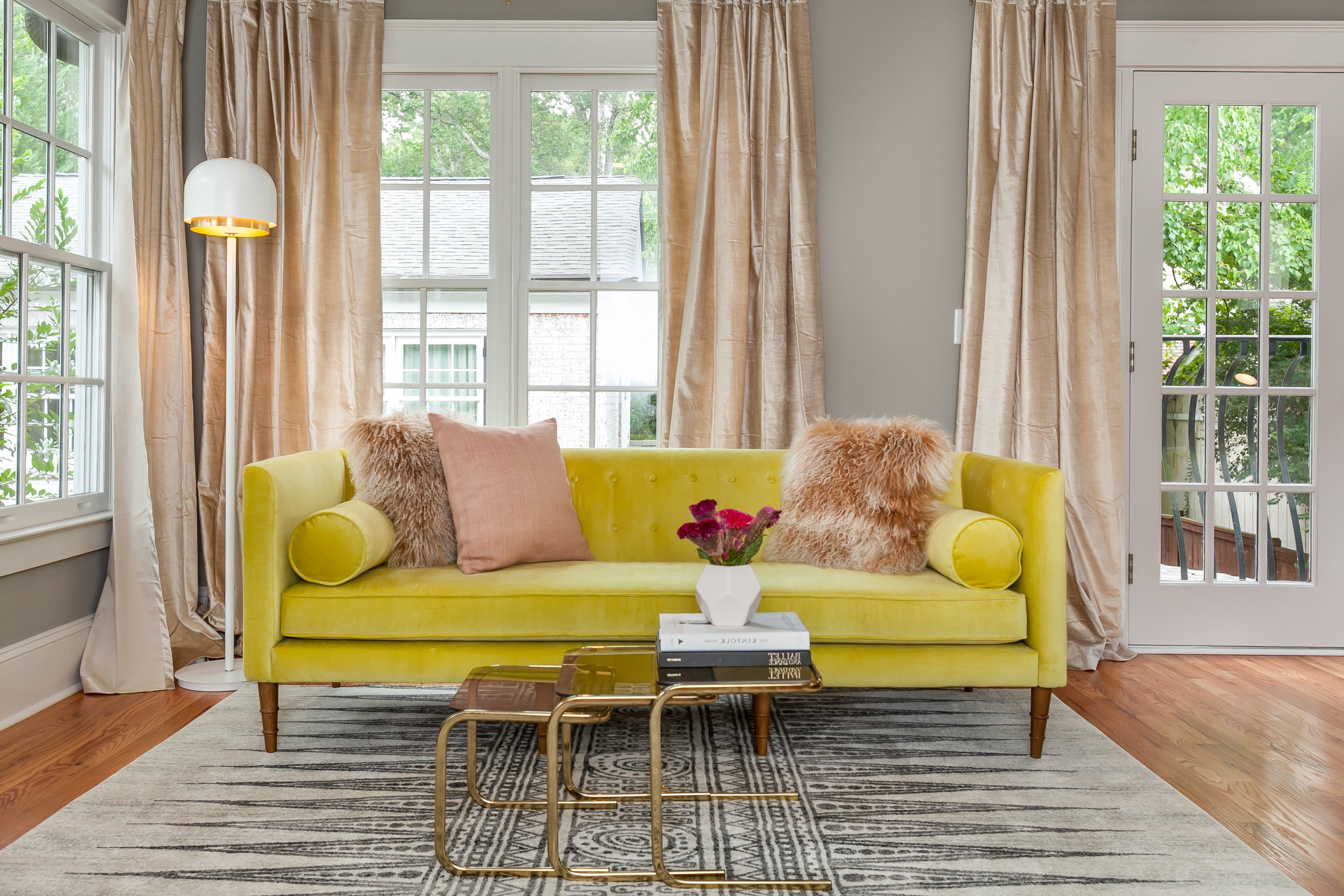 Yellow Midcentury Modern Sofa And Gold Tables For Cozy Living Room (View 1 of 28)