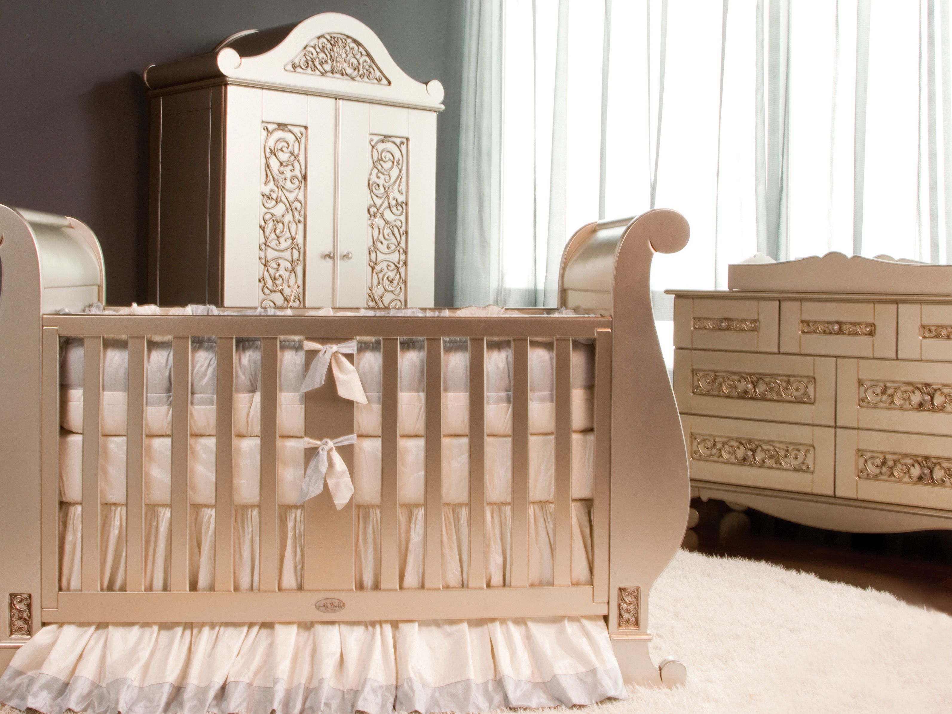 Classic Luxury Nursery With Cream Sleigh Crib And Armoire (View 7 of 33)