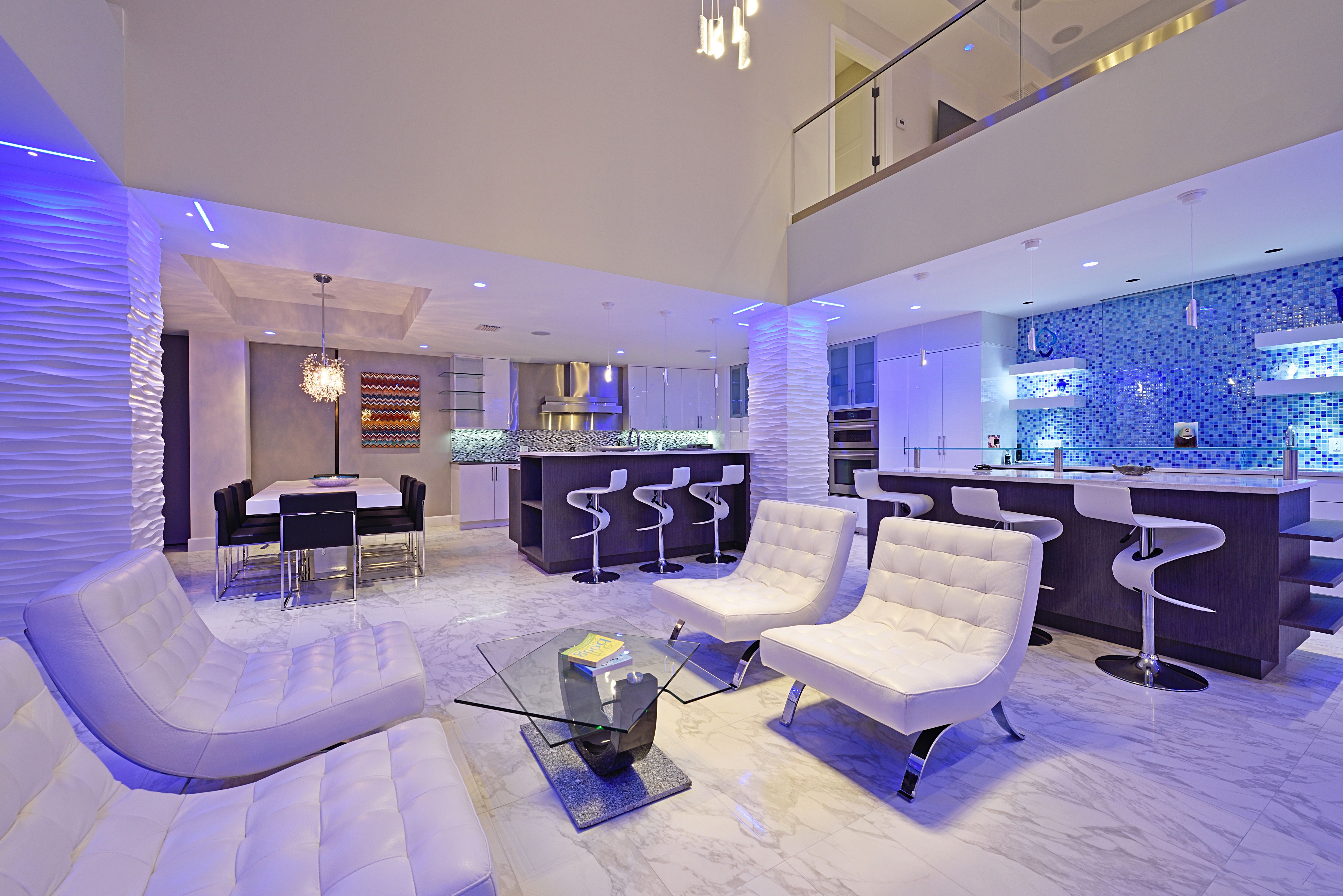 Contemporary White Living Room With Blue Lighting (View 13 of 31)