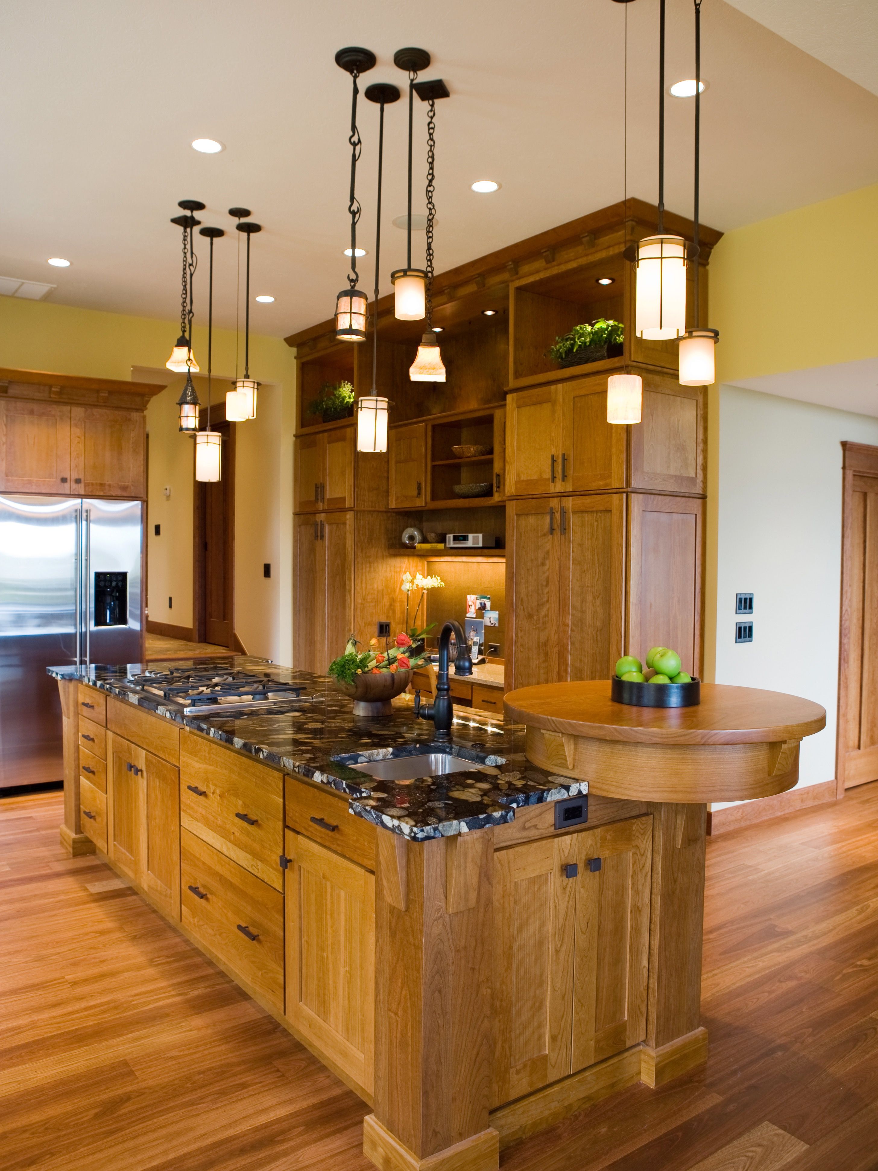 Gourmet Wooden Kitchen With Multiple Pendant Lights (View 2 of 15)