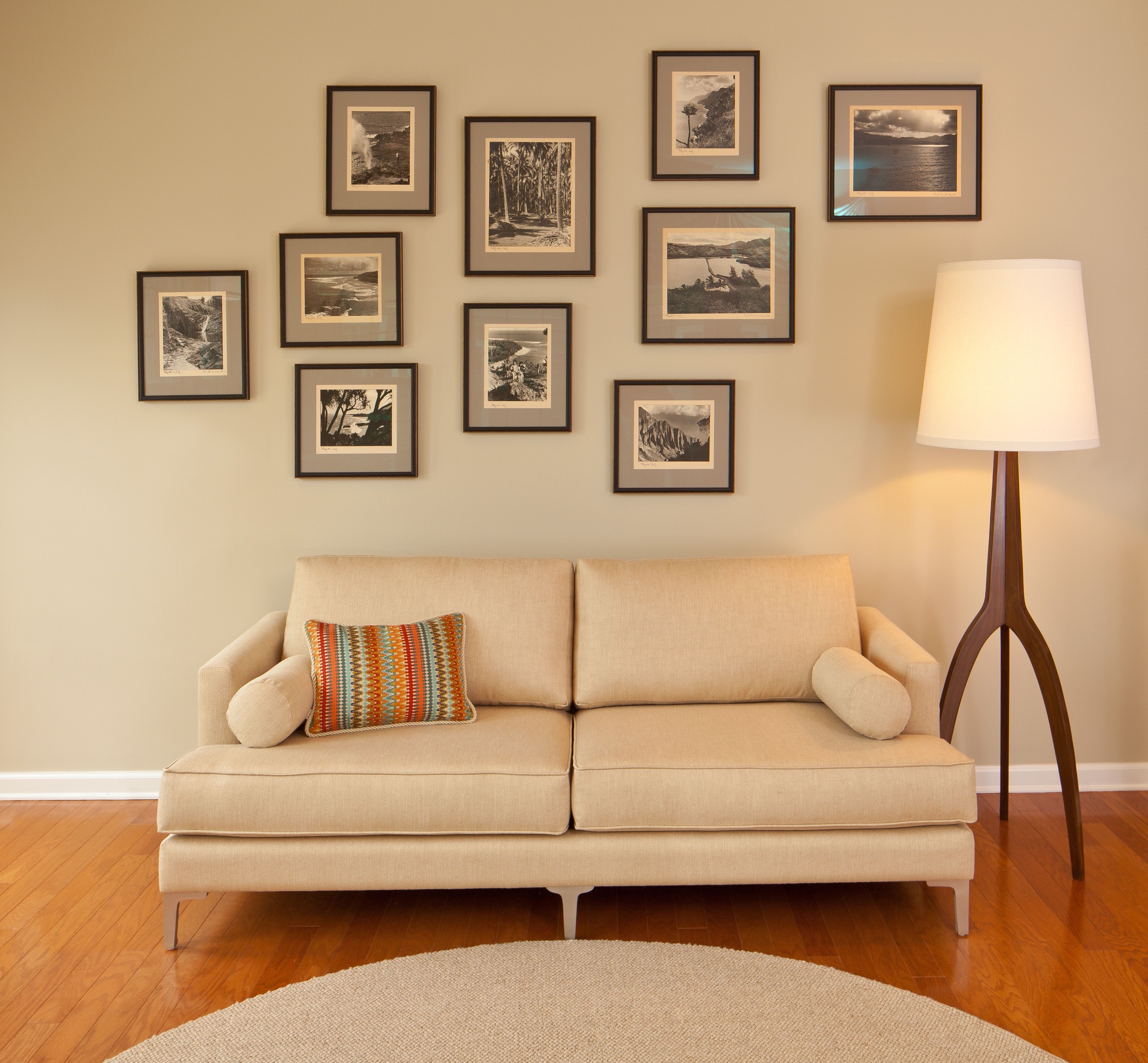Living Room Framed Gallery Wall Decor With Unique Floor Lamp (View 14 of 30)