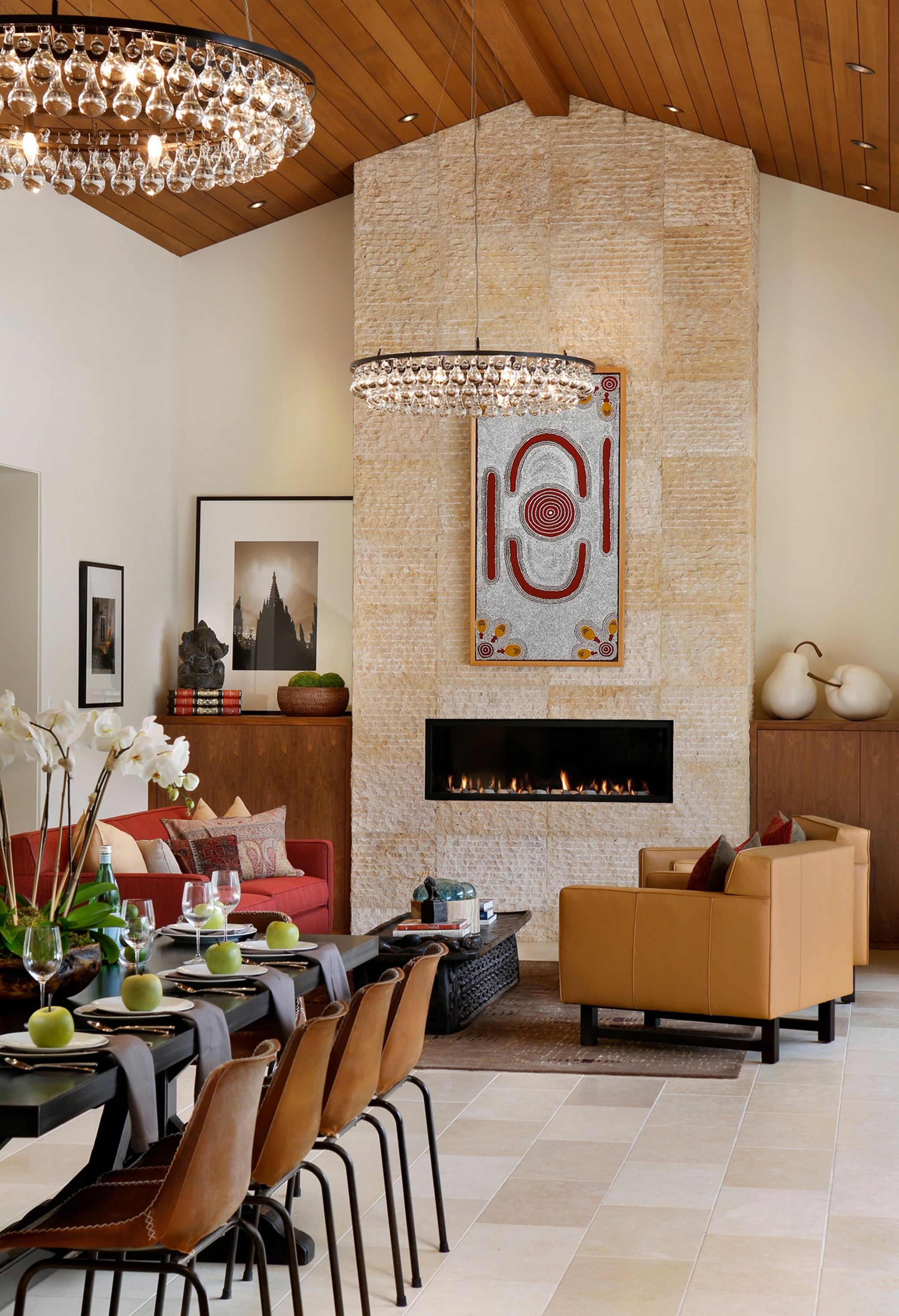 Oriental Zen Inspired Dining And Living Room With Circular Chandeliers (View 10 of 20)