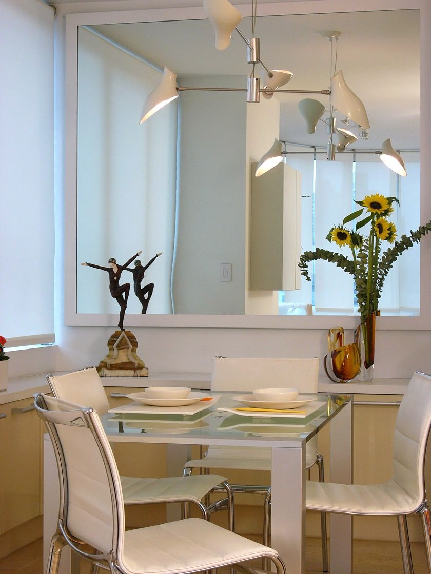 Small Modern White Dining Room With Large Mirror (View 14 of 18)