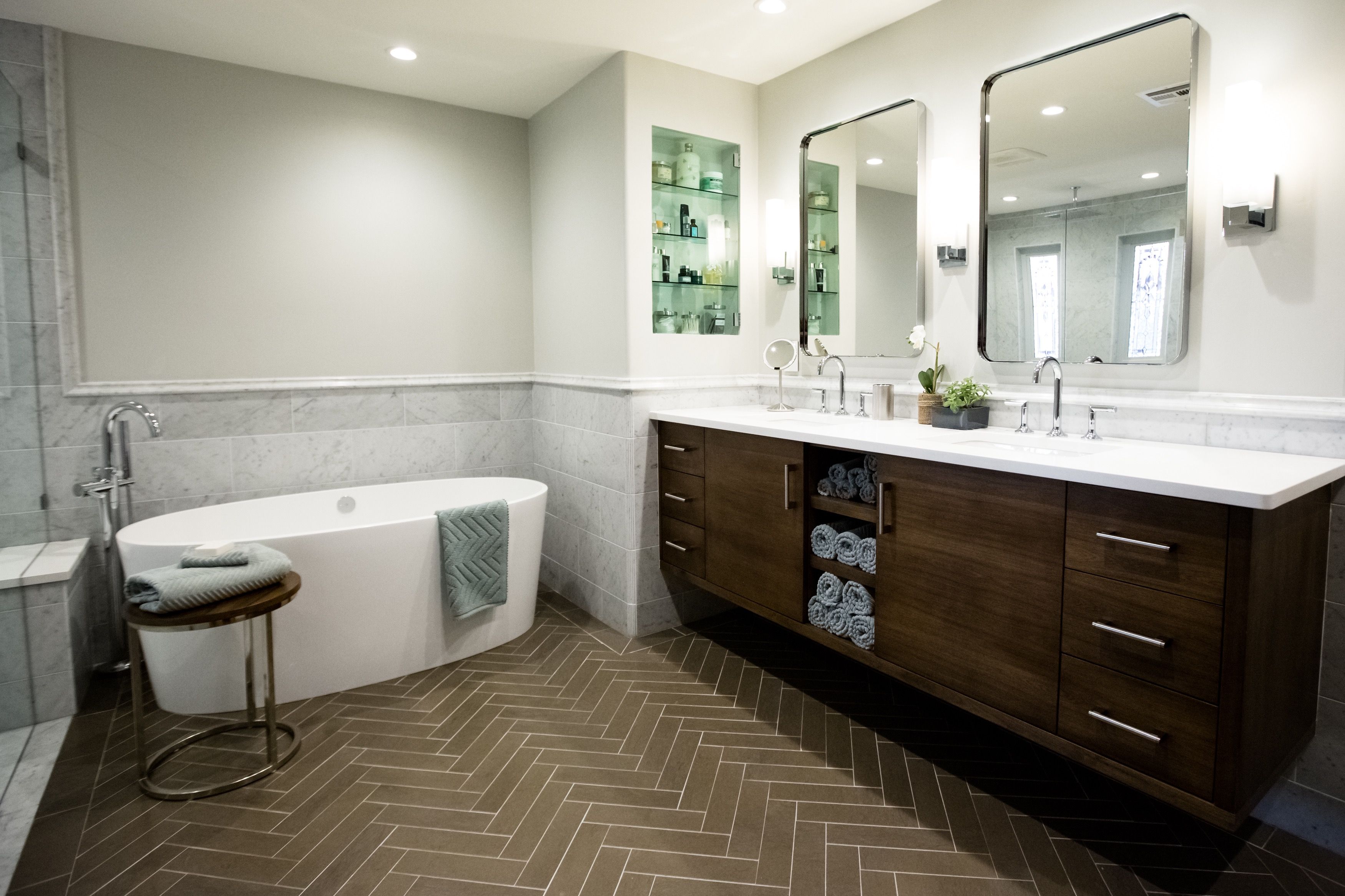Spa Bathroom With Freestanding Tub And Long Contemporary Vanity (View 13 of 25)
