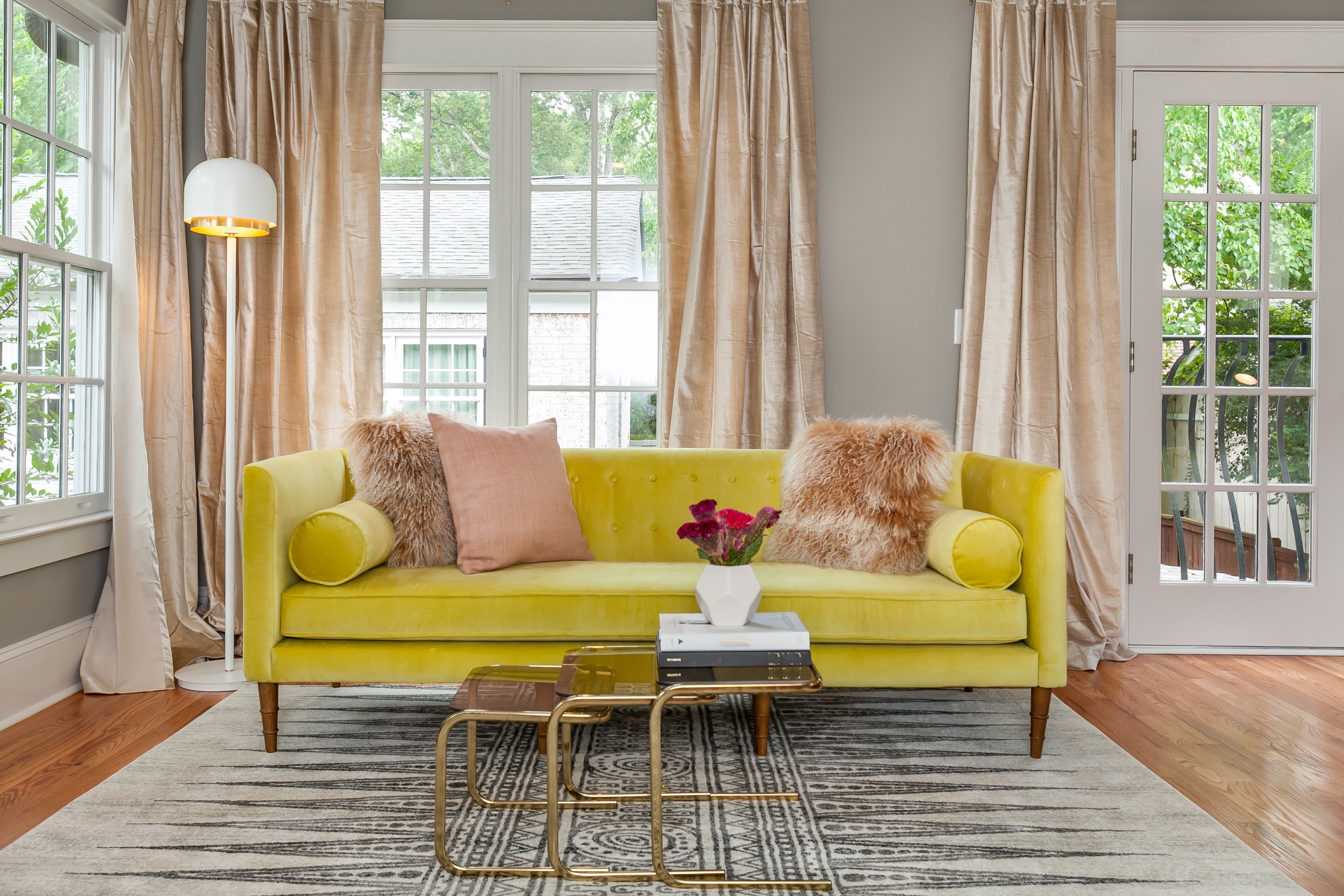 Yellow Midcentury Modern Sofa And Gold Tables (View 22 of 25)
