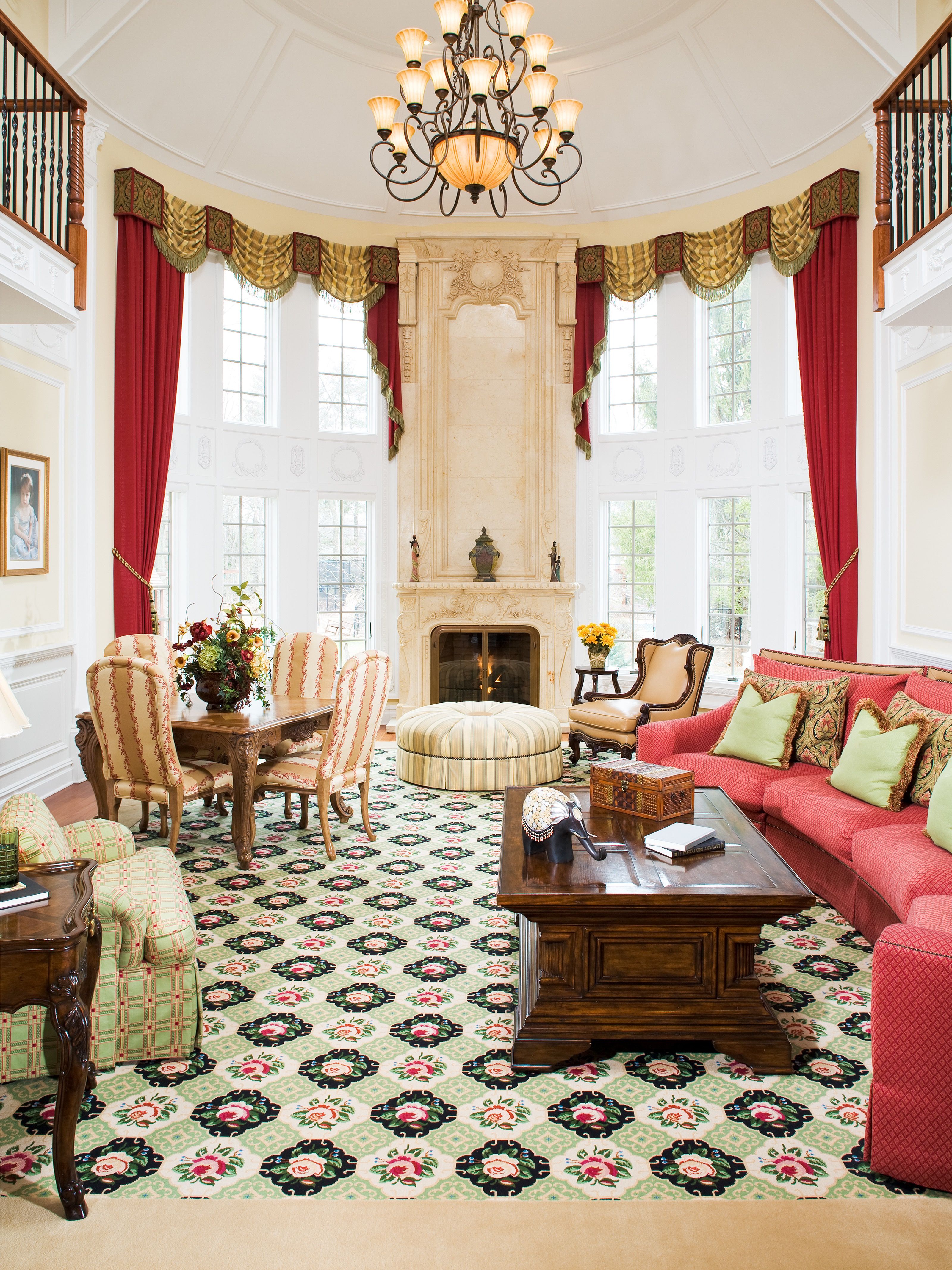 Classic French Living Room Decor With Colorful Formal Drapes (View 2 of 15)
