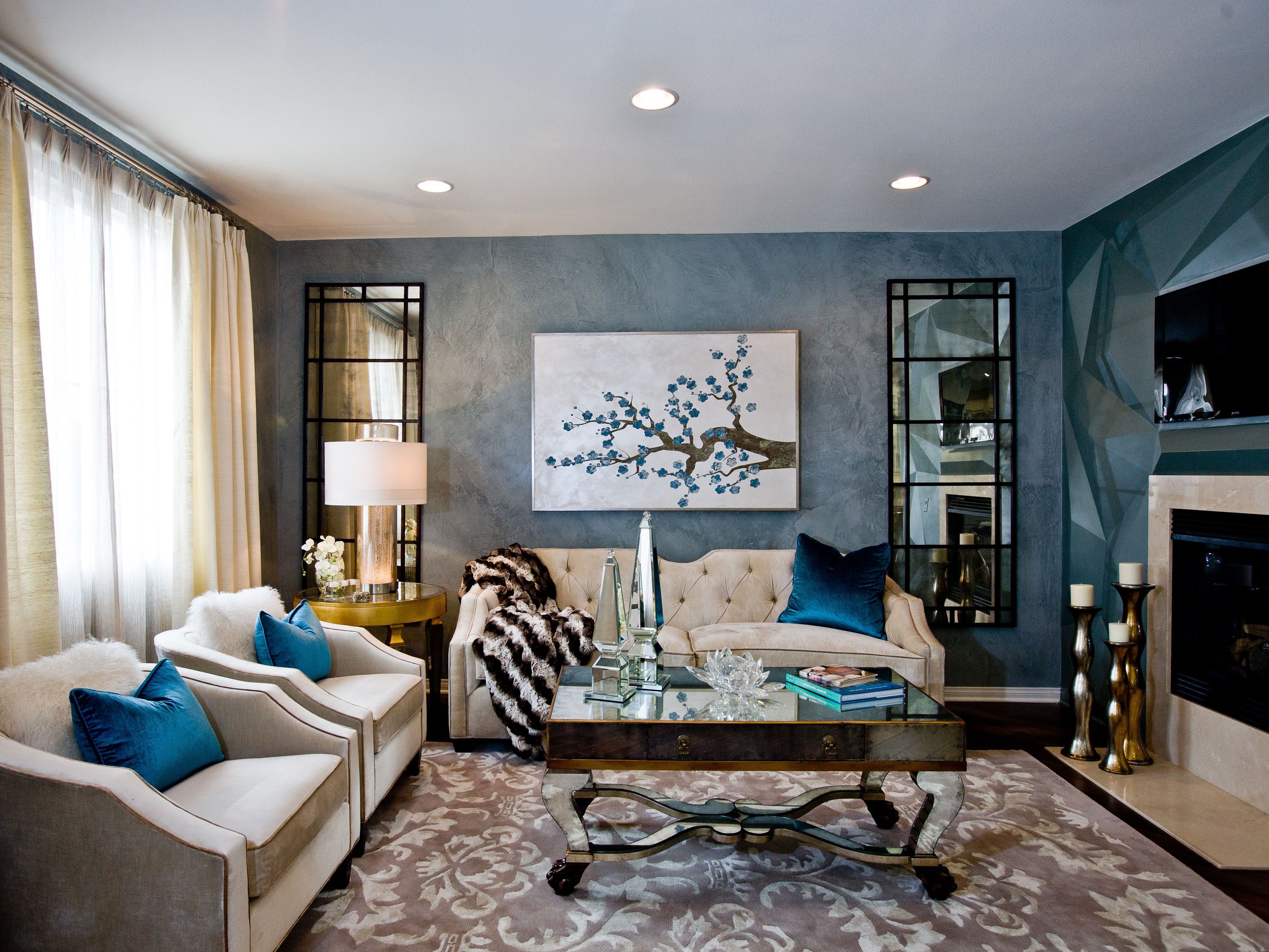 Cozy Blue Theme Art Deco Living Room With Mirrored Coffee Table (View 15 of 20)
