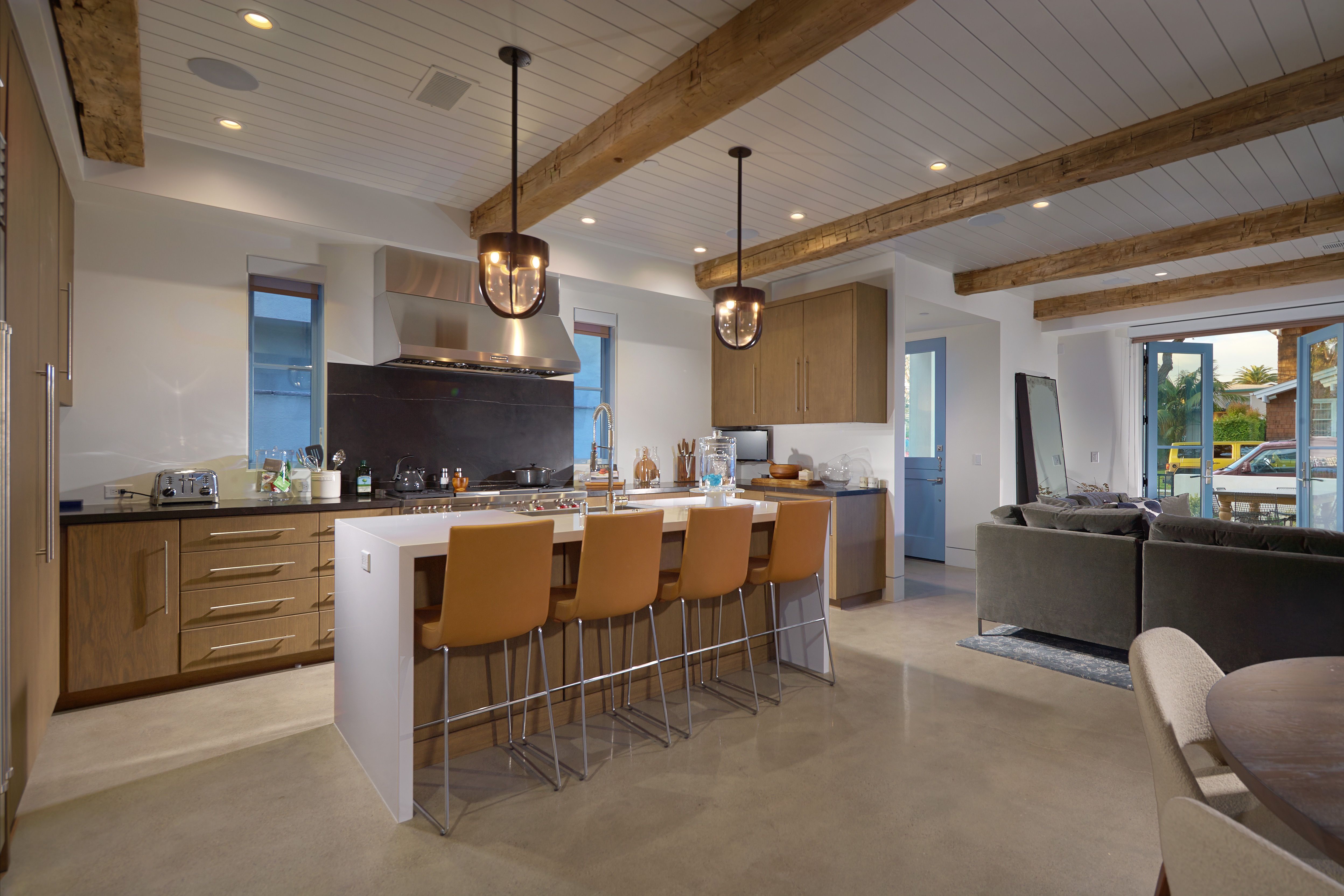 Modern White Paneled Ceiling With Exposed Wood Beams Above Contemporary Open Plan Kitchen (View 21 of 31)