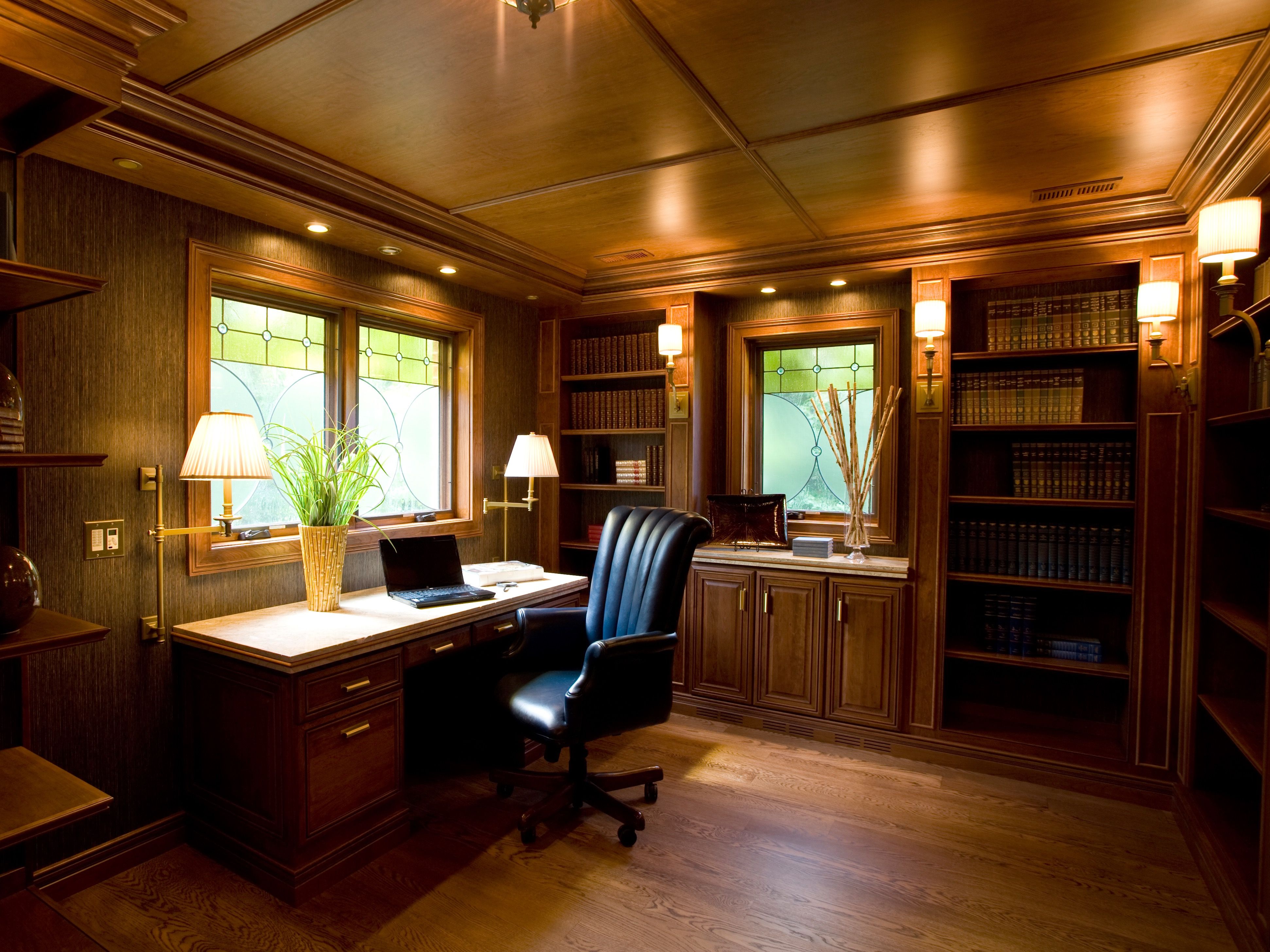 Wood Craftsman Style Home Office With Wood Ceiling And Built In Wood Cabinets (View 14 of 15)