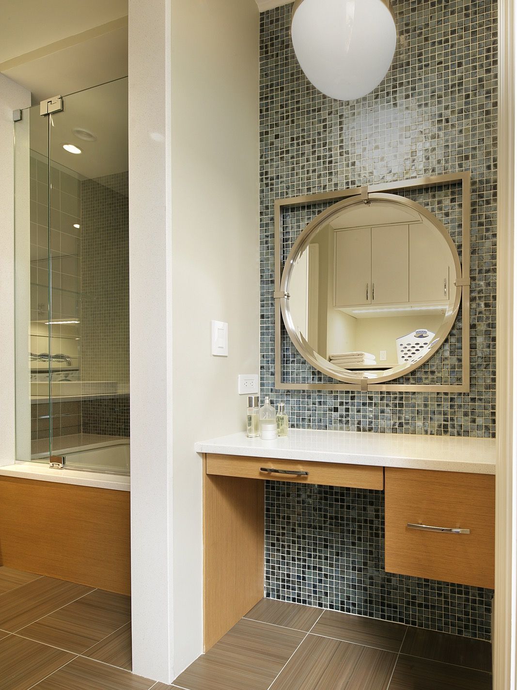 Bathroom Vanity And Mosaic Glass Tile Wall (View 4 of 21)