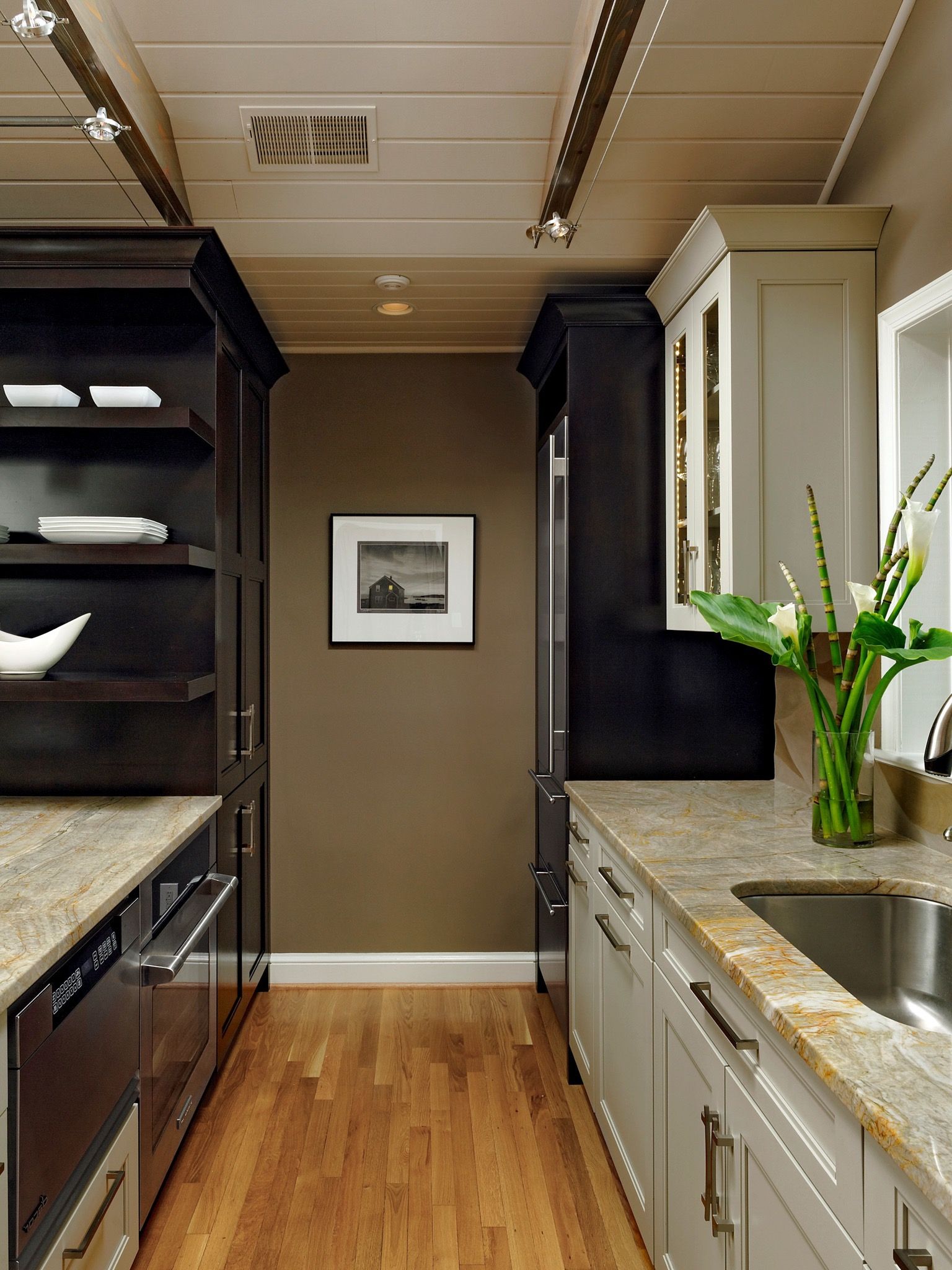 Long And Narrow Kitchen Design With With Open Shelving Storage (View 1 of 10)