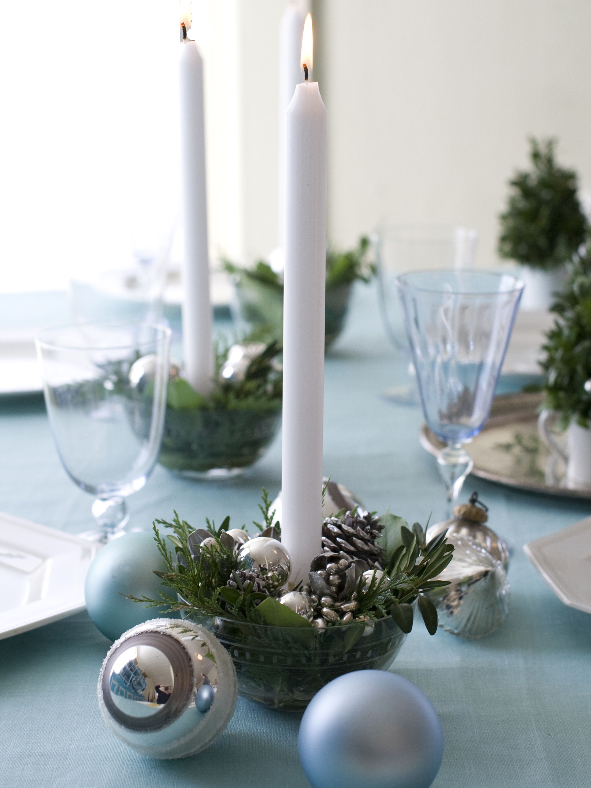 Rustic Candle Centerpieces With Evergreens And Ornaments (View 16 of 20)