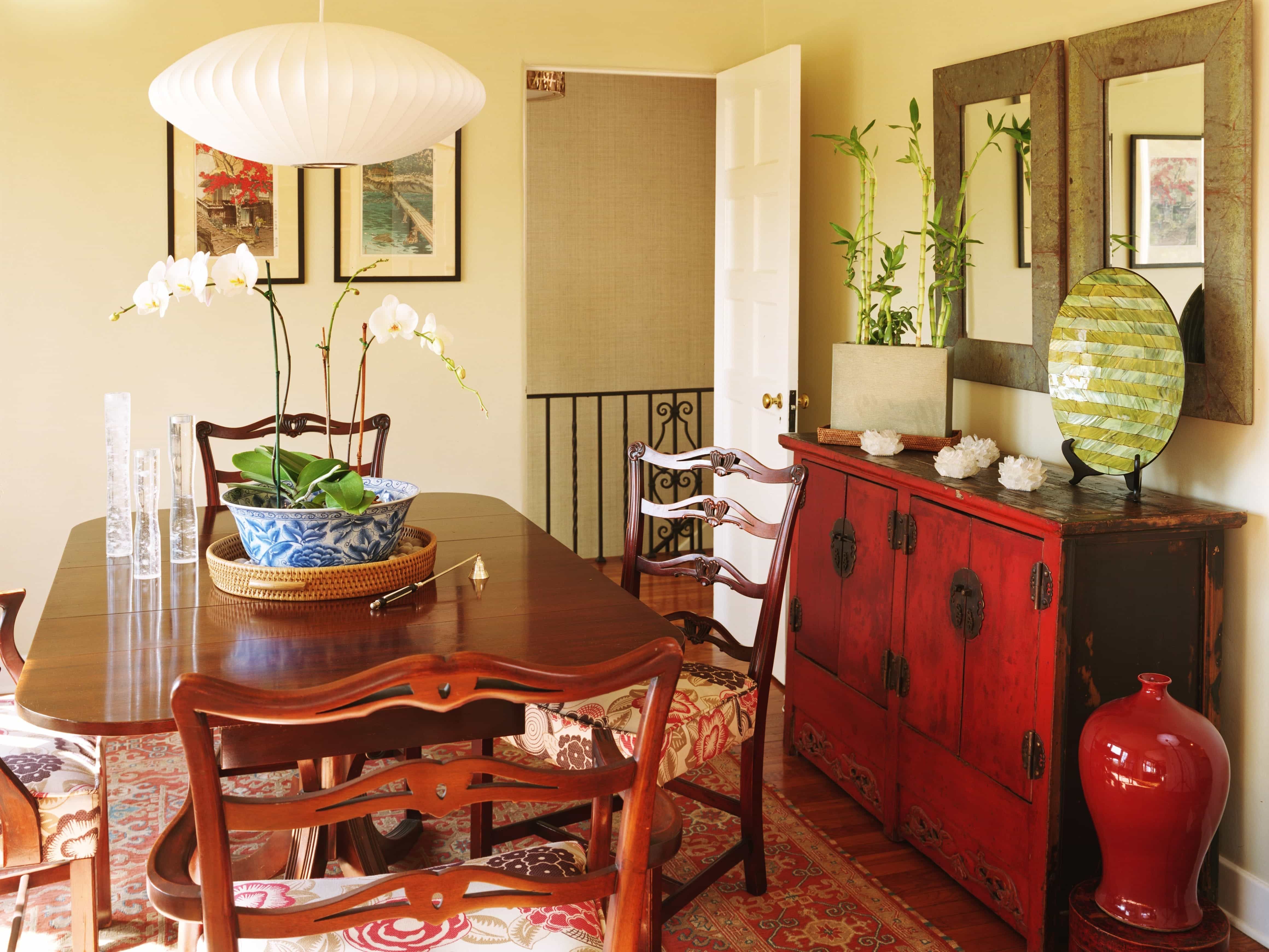 Asian Inspired Dining Room With Red Credenza (View 28 of 32)