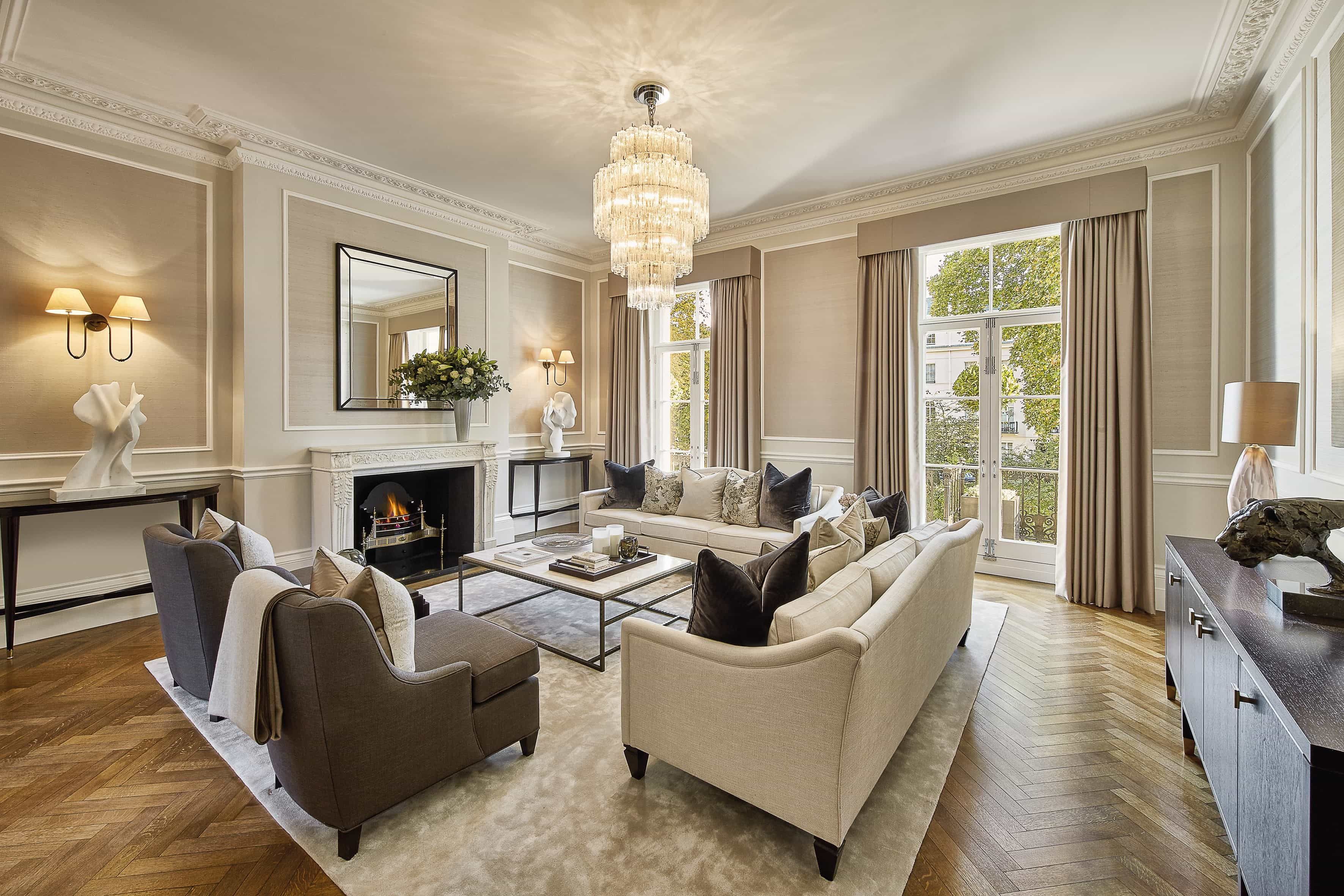 Celebrity Inspired Classic Luxury Living Room With Crystal Chandelier (View 16 of 20)
