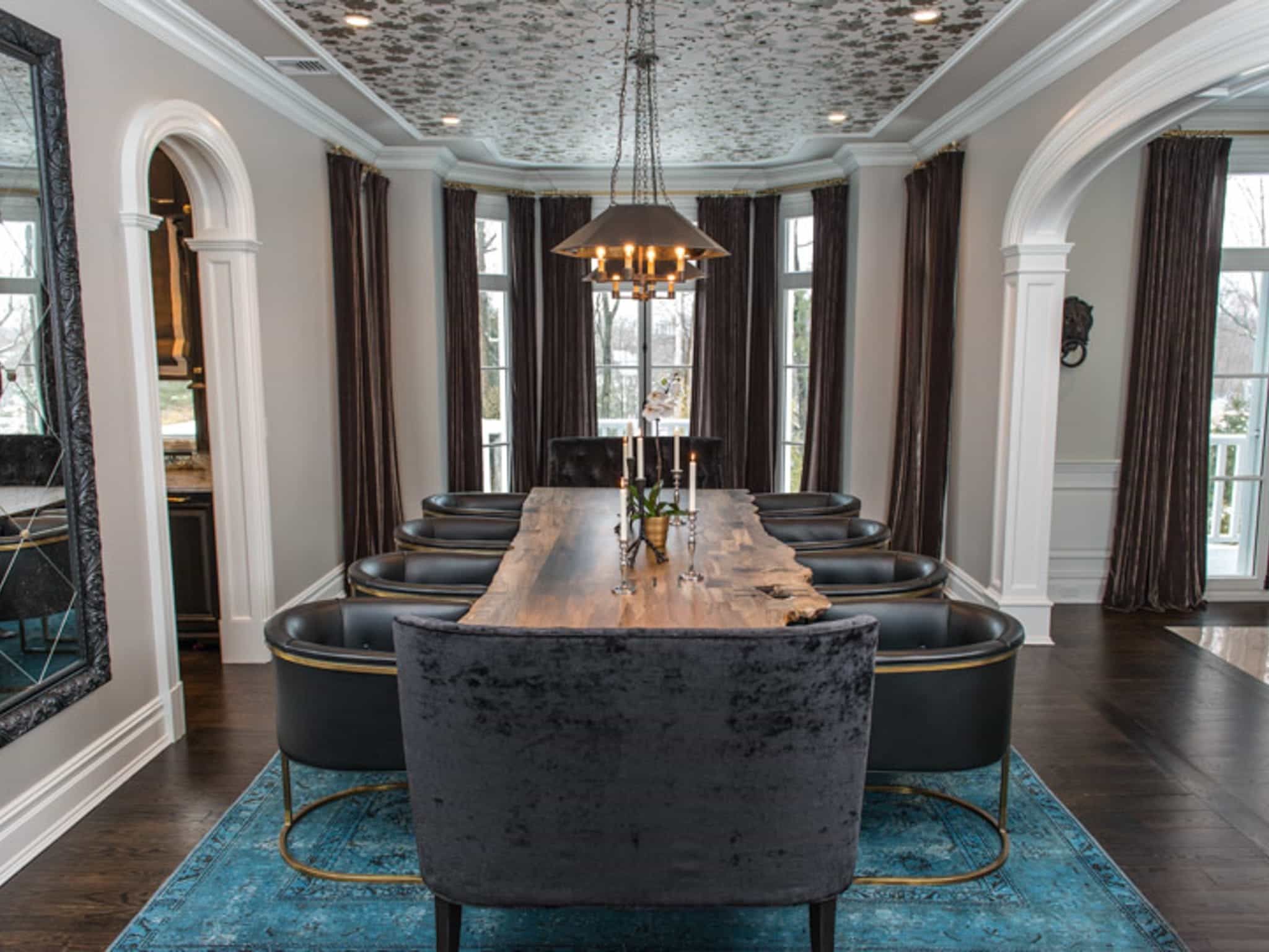 Dramatic Gray Dining Room With Blue Velvet Rug And Brass Pendant Light (View 10 of 21)