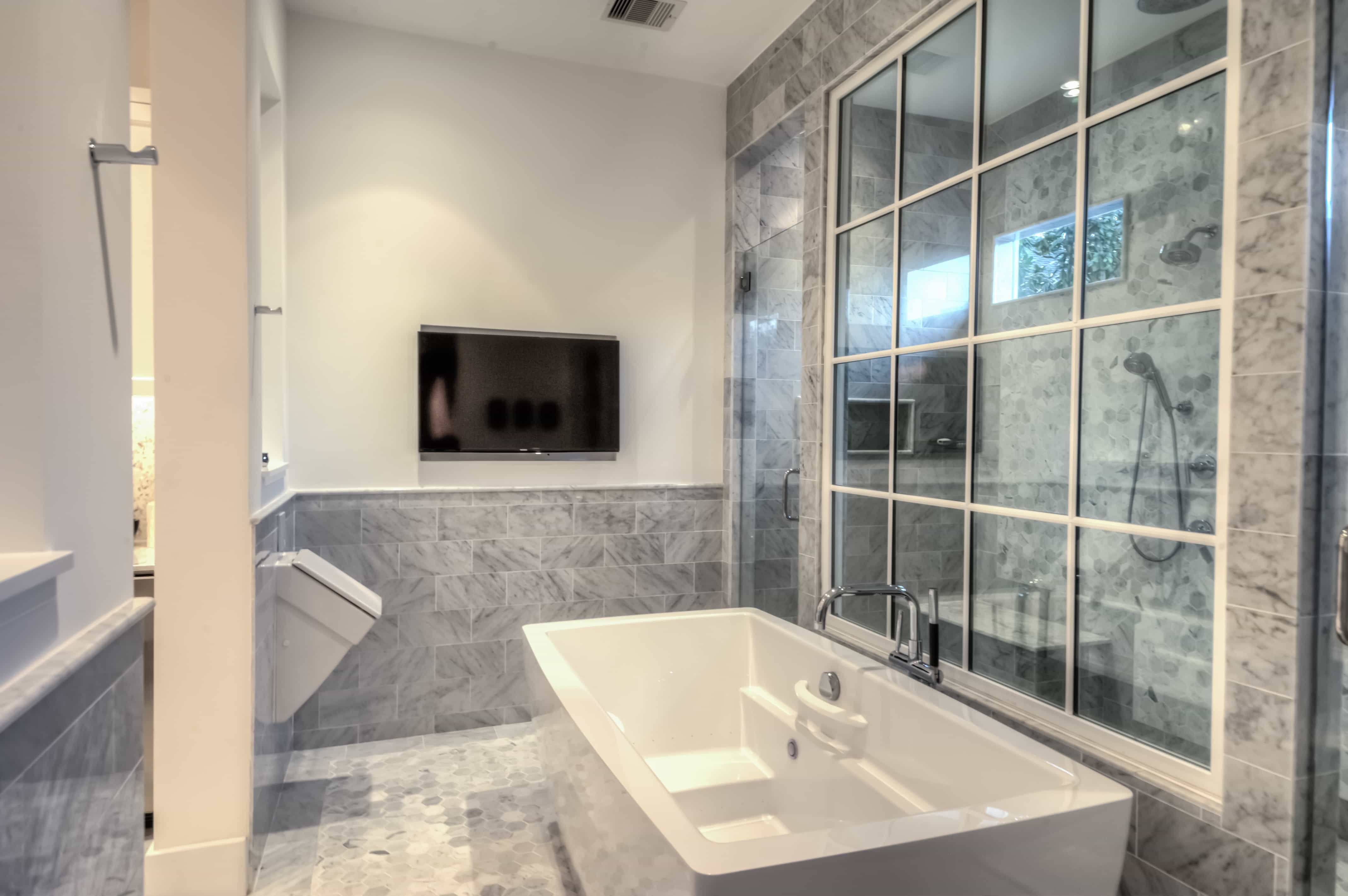 Flat TV Installation For Modern Bathroom With Marble Tile (View 1 of 15)