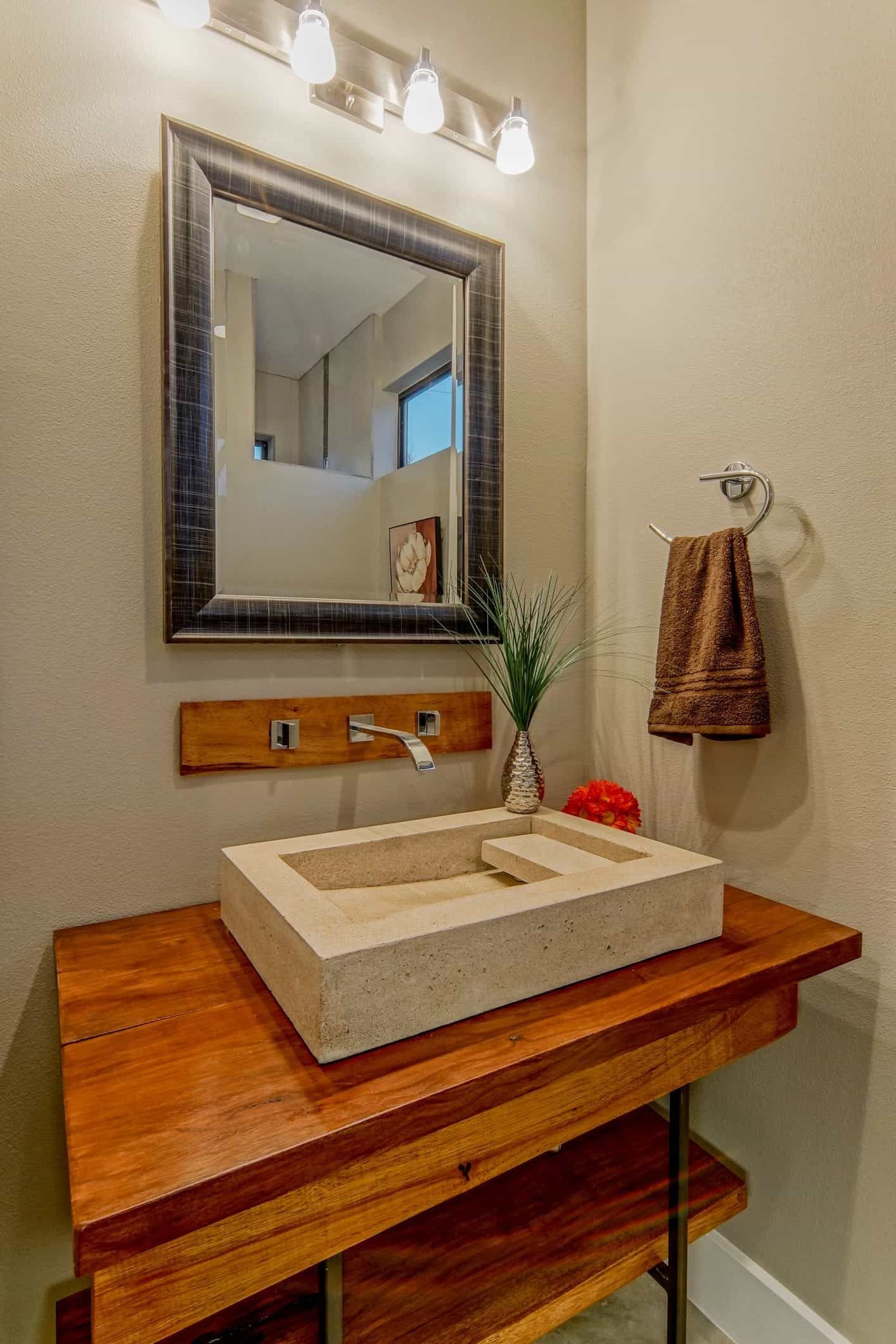 Floating Wooden Corner Vanity In Modern Bathroom (View 11 of 24)