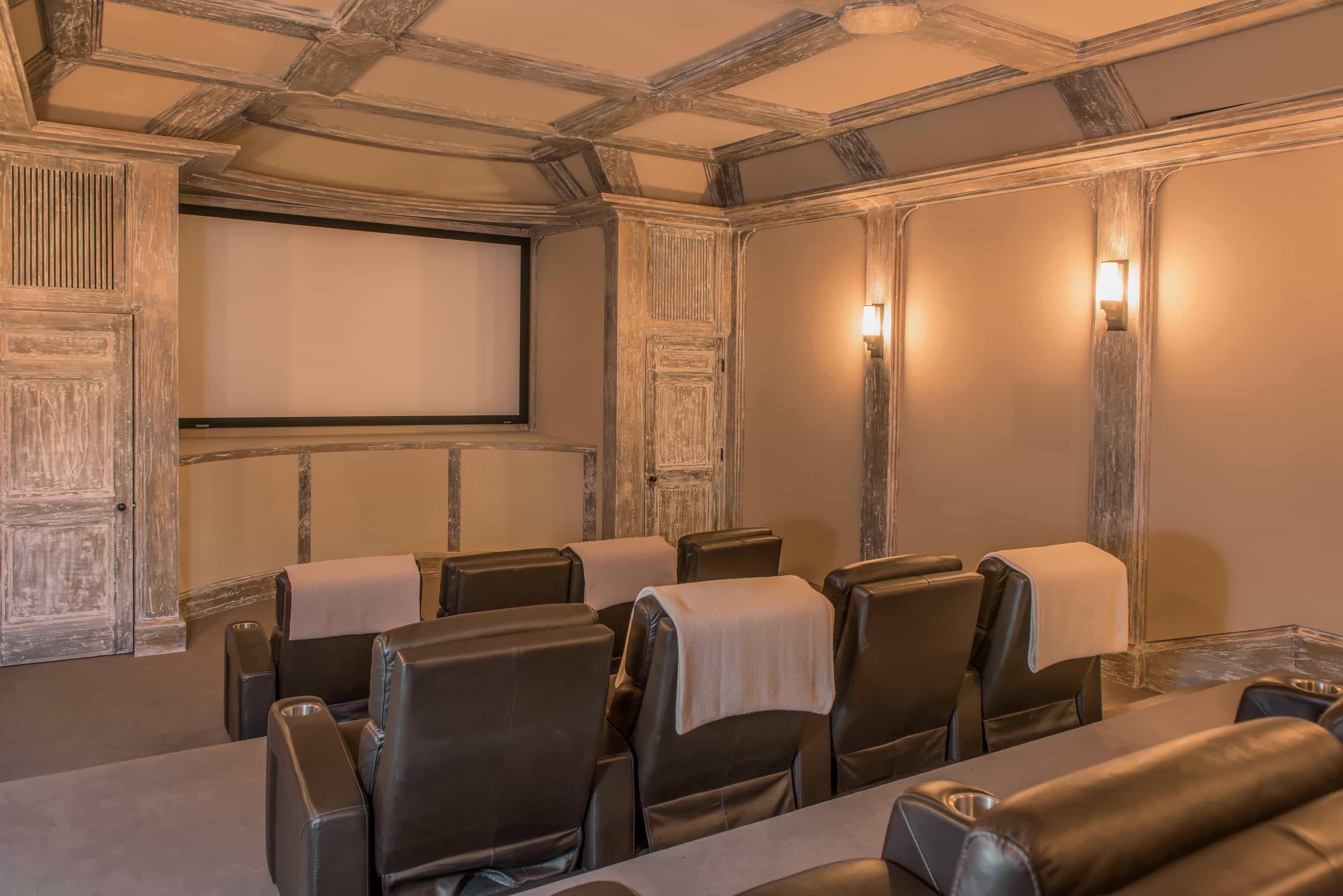 Home Theater With Leather Viewing Seats And Rustic Coffered Ceiling (View 4 of 21)