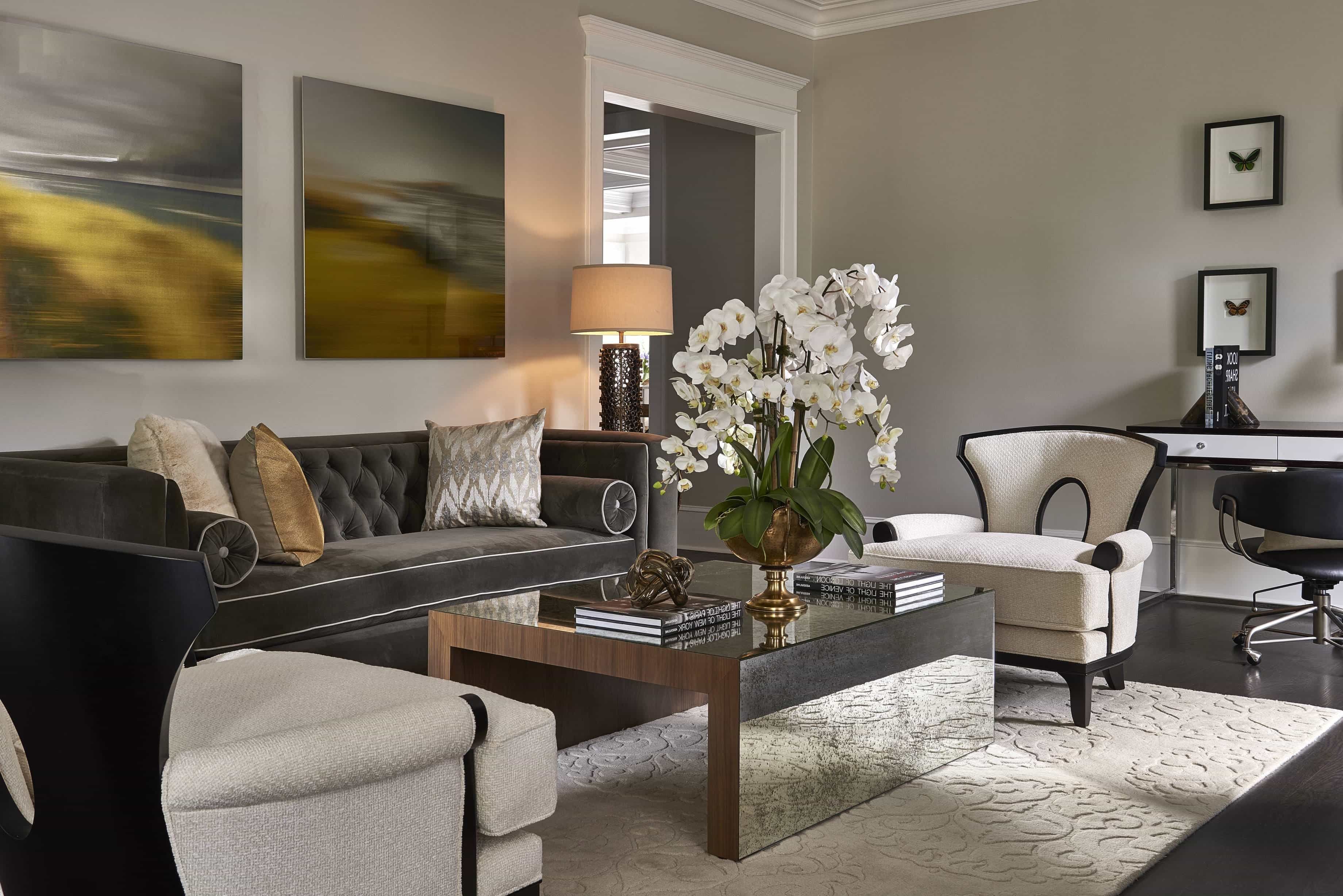 Living Room With Mirrored Coffee Table And Gray Tuxedo Sofa (View 7 of 32)