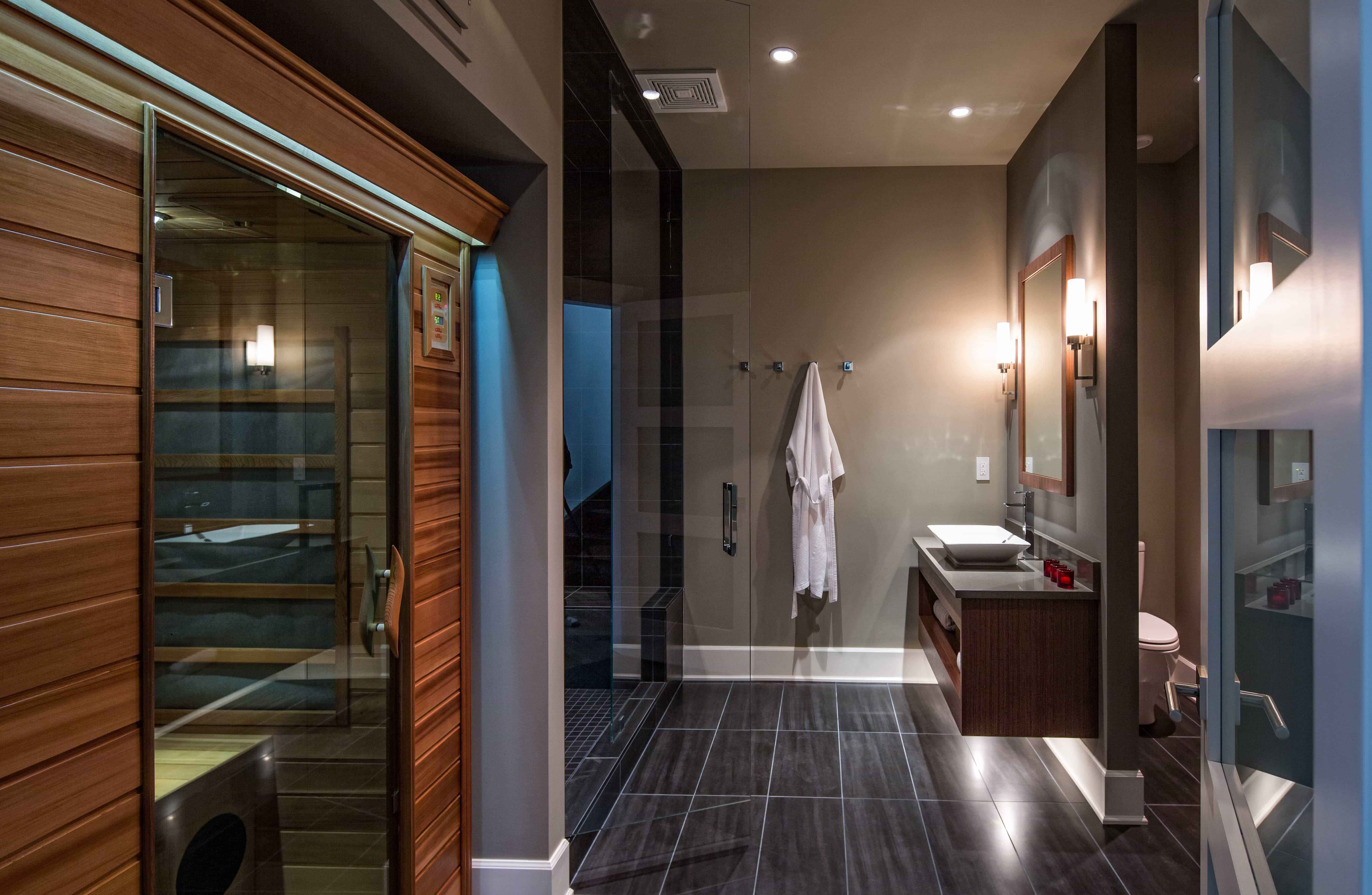 Masculine Contemporary Spa Bath And Sauna With Black Tile Floor And Wall Color (Photo 2 of 10)