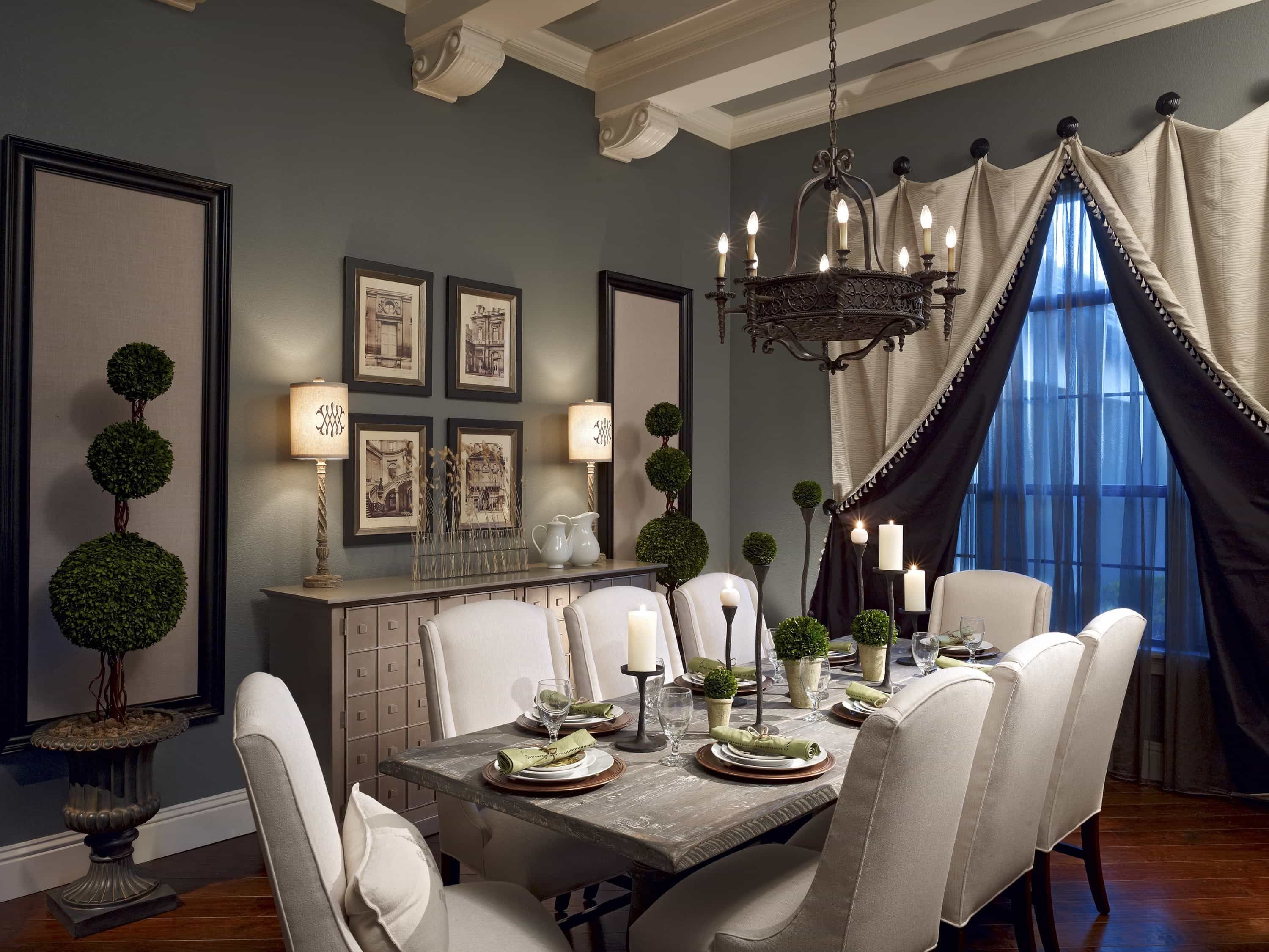Mediterranean Romantic Dining Room Accented By The Rustic Nature Of The Reclaimed Table And Linen Chairs (View 5 of 21)