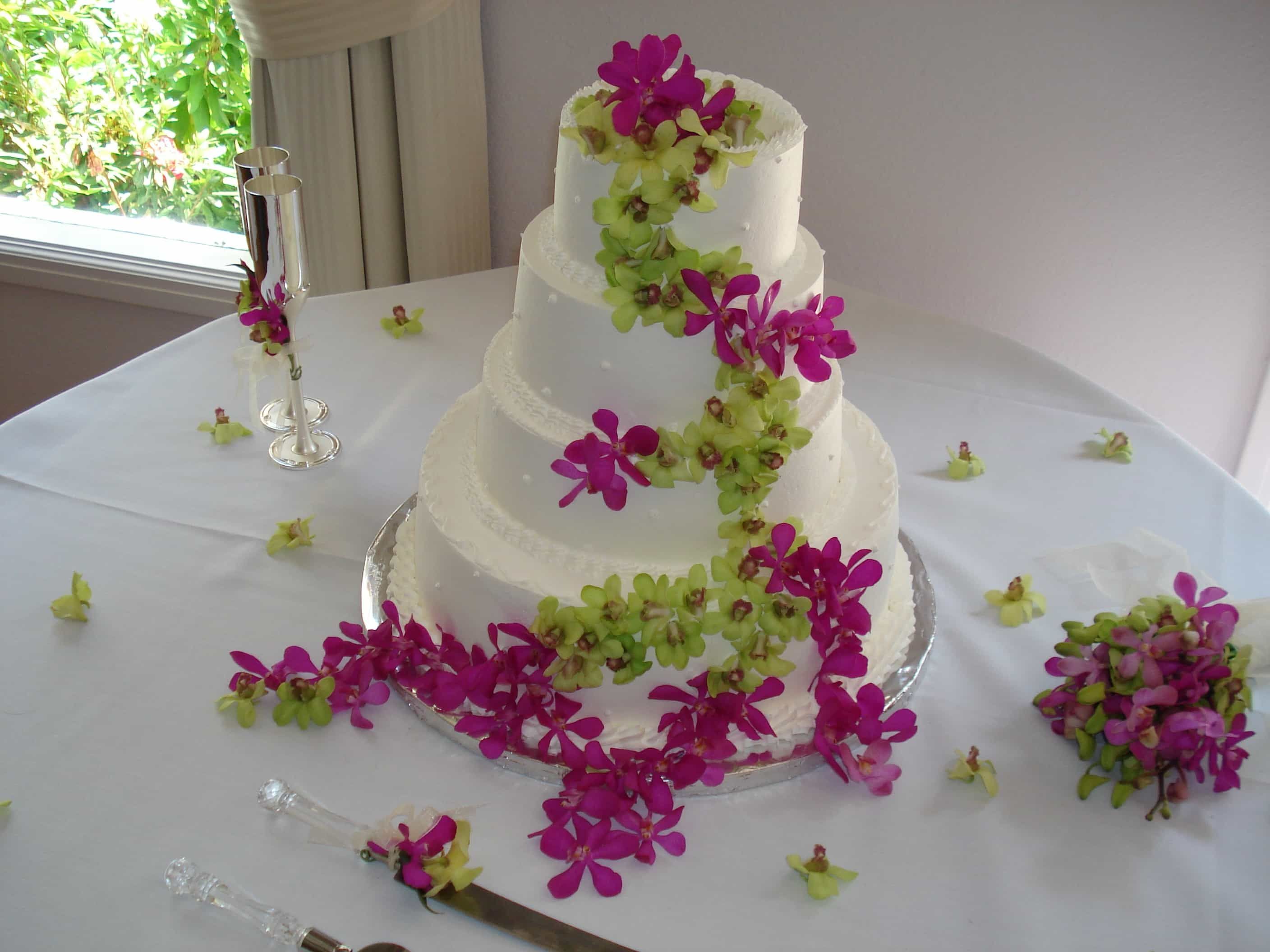 Pink And Purple Floral Wedding Cake With Real Flowers (View 4 of 25)