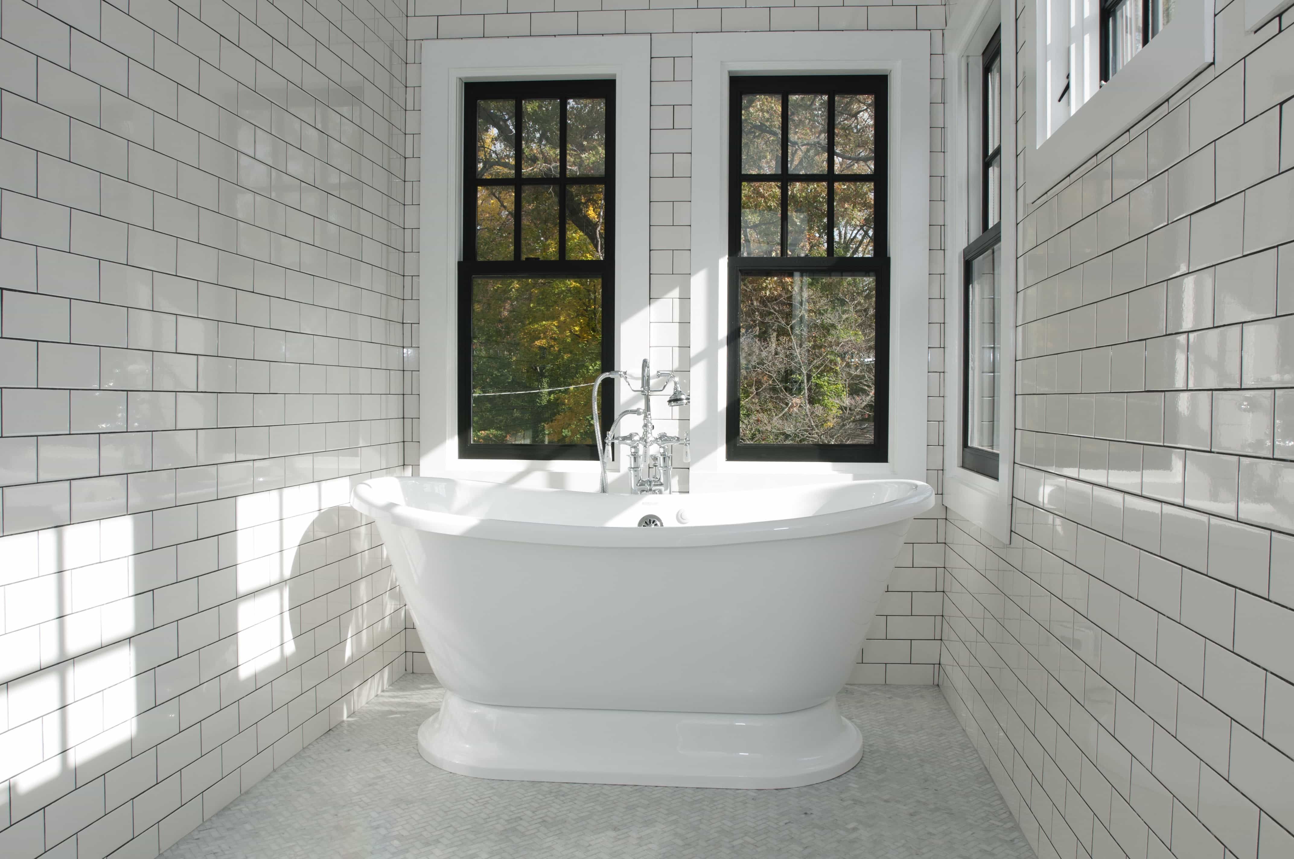 Sleek Tiled Bathroom With Gray Granite Countertops 2017 (Photo 18 of 29)